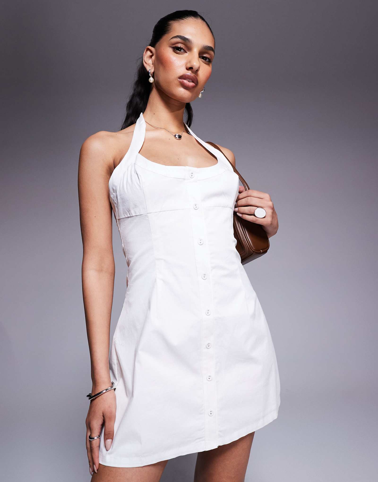 Princess Polly cotton poplin halterneck button up mini dress in white 8990₽