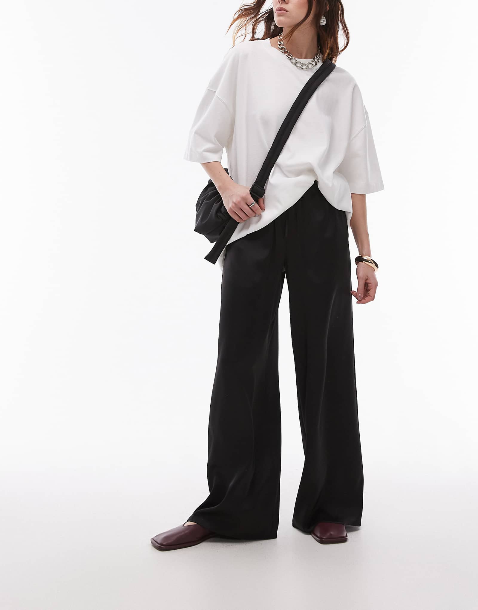Topshop satin tie waist wide leg pant in black 15290₽
