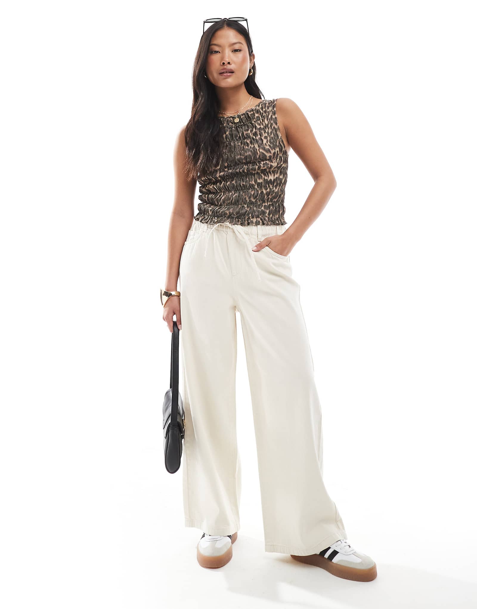 ONLY Petite wide leg tie waist jeans in ecru