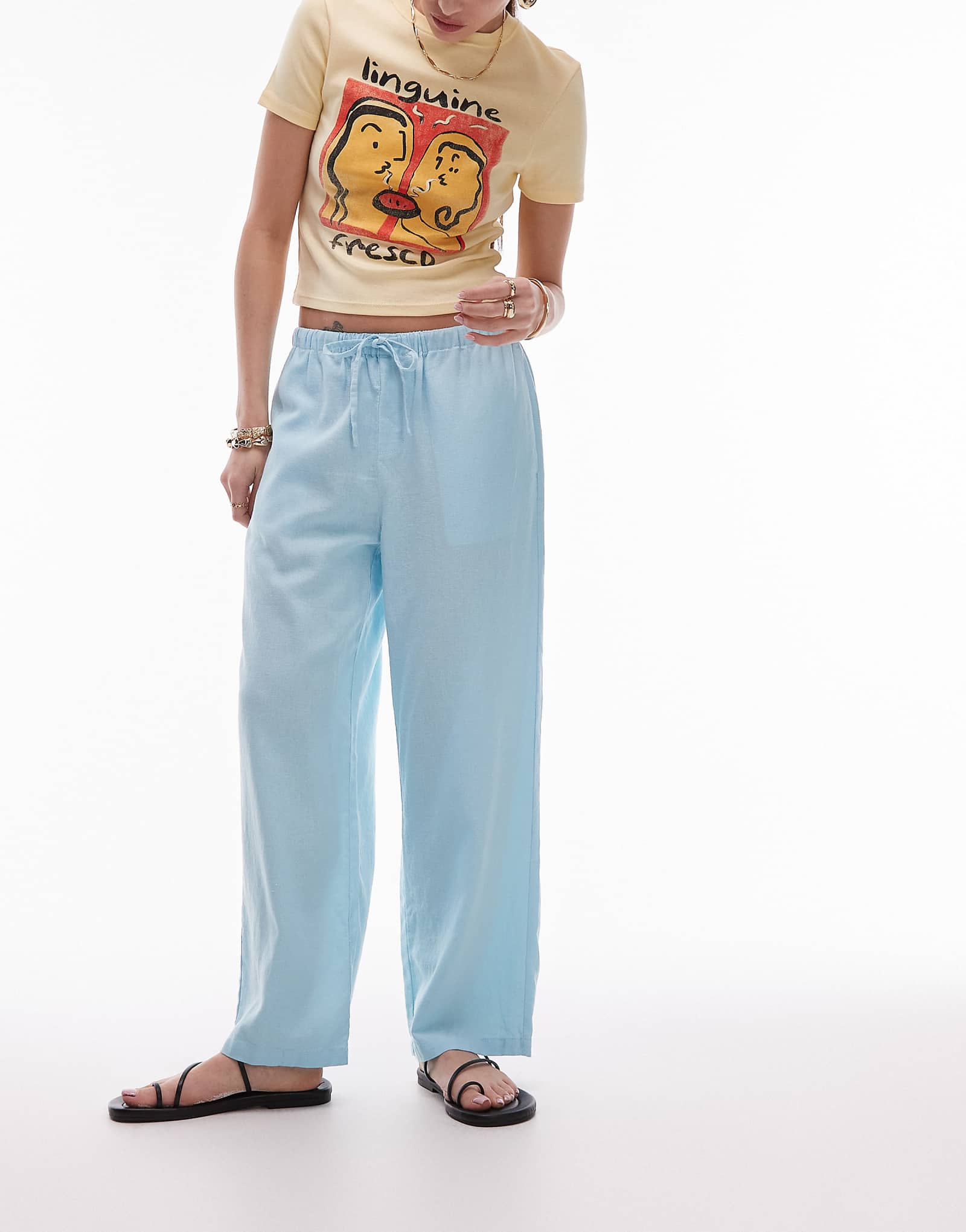Topshop mid rise linen awkward length pants in powder blue 5690₽