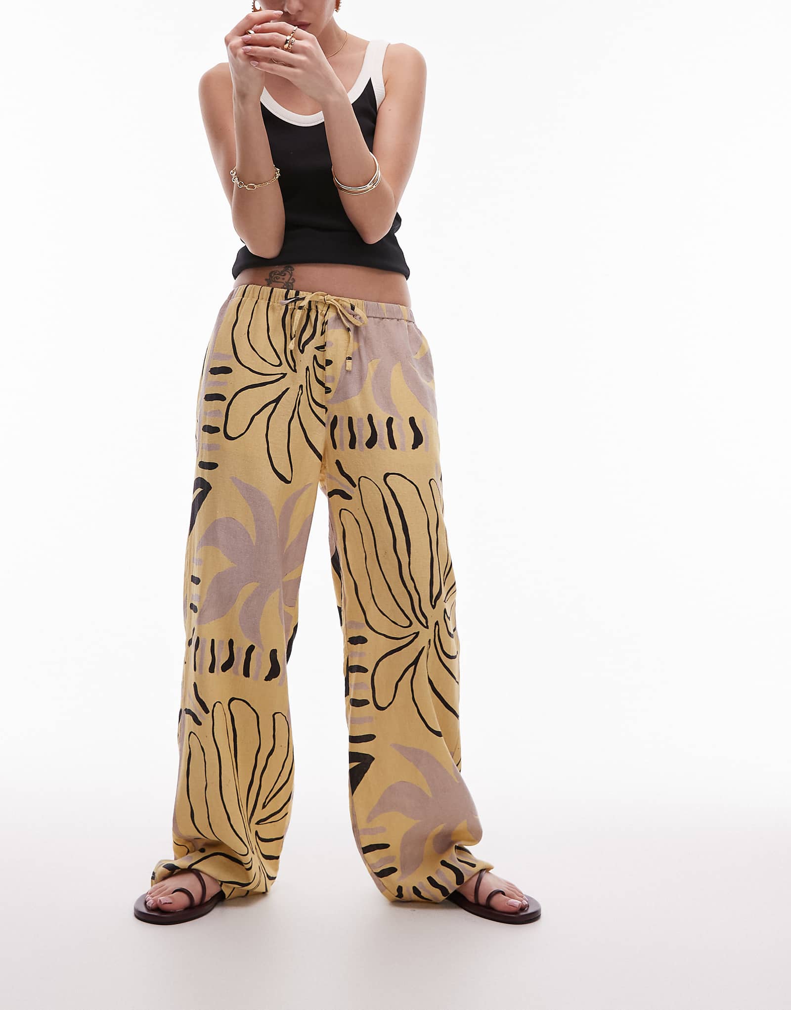 Topshop linen straight leg buttermilk abstract print pants in mono 10790₽