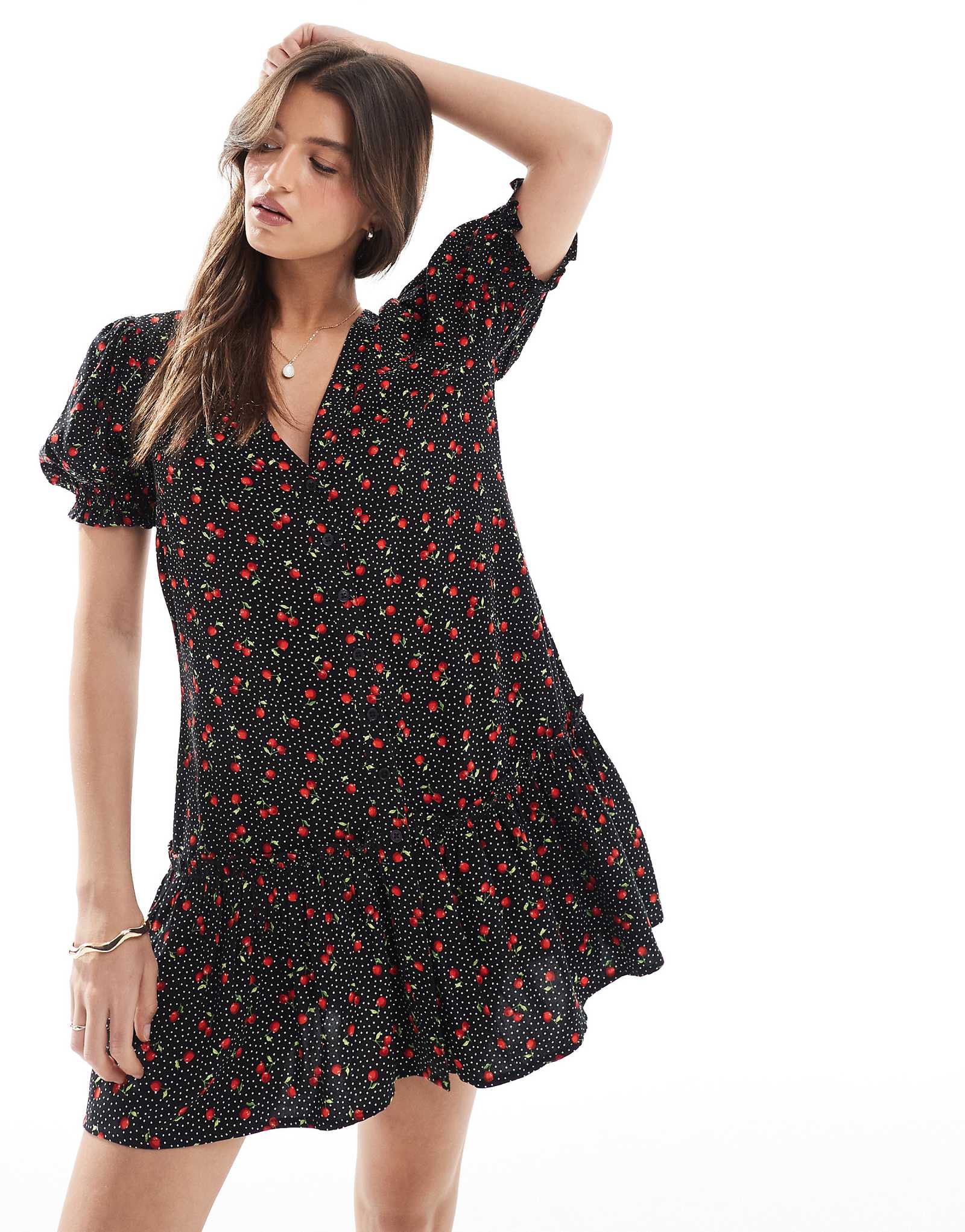 Miss Selfridge printed spun smock dress in Black Cherry Print 7290₽