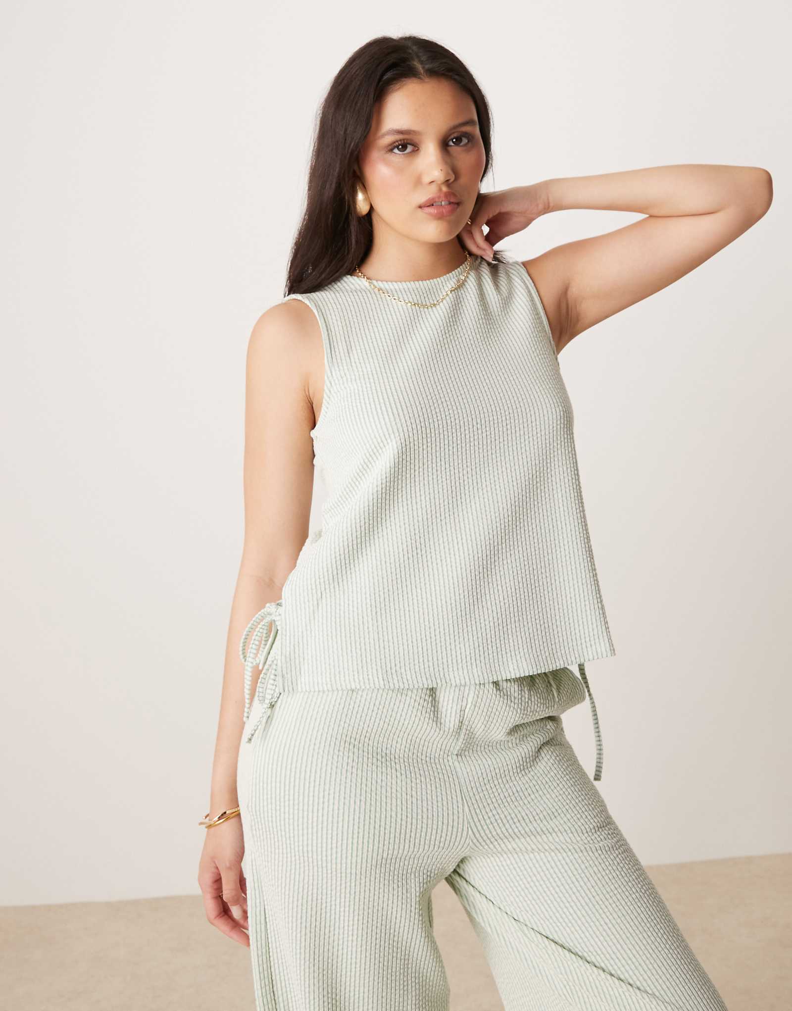 VILA textured striped sleeveless tie side top in green and cream - part of a set