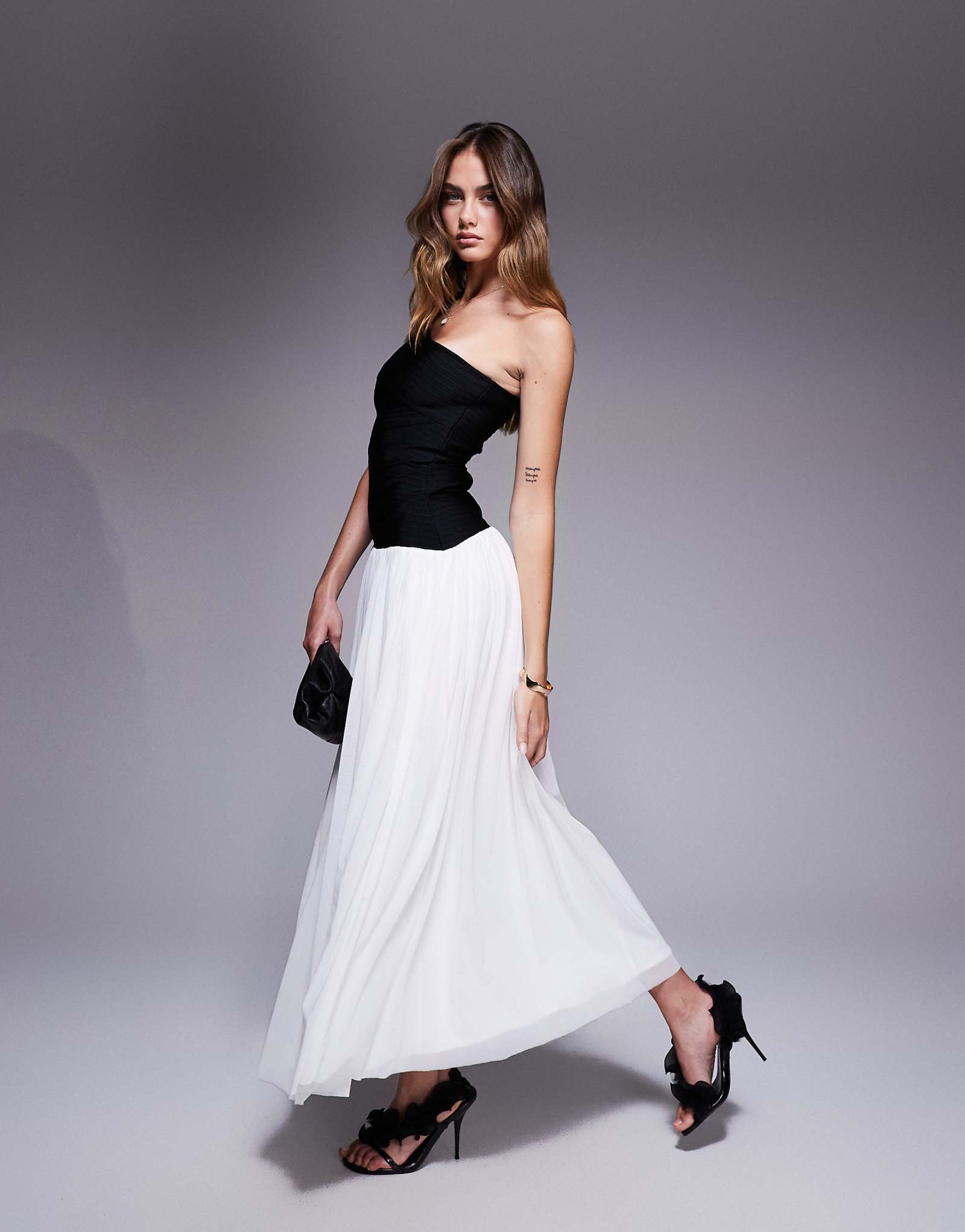 Rare London one shoulder dropped waist contrast tulle maxi dress in black and white