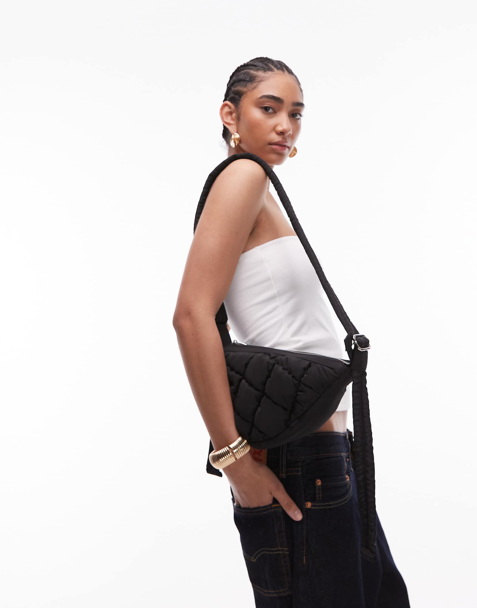 Topshop Callie scoop quilted nylon cross body bag in black