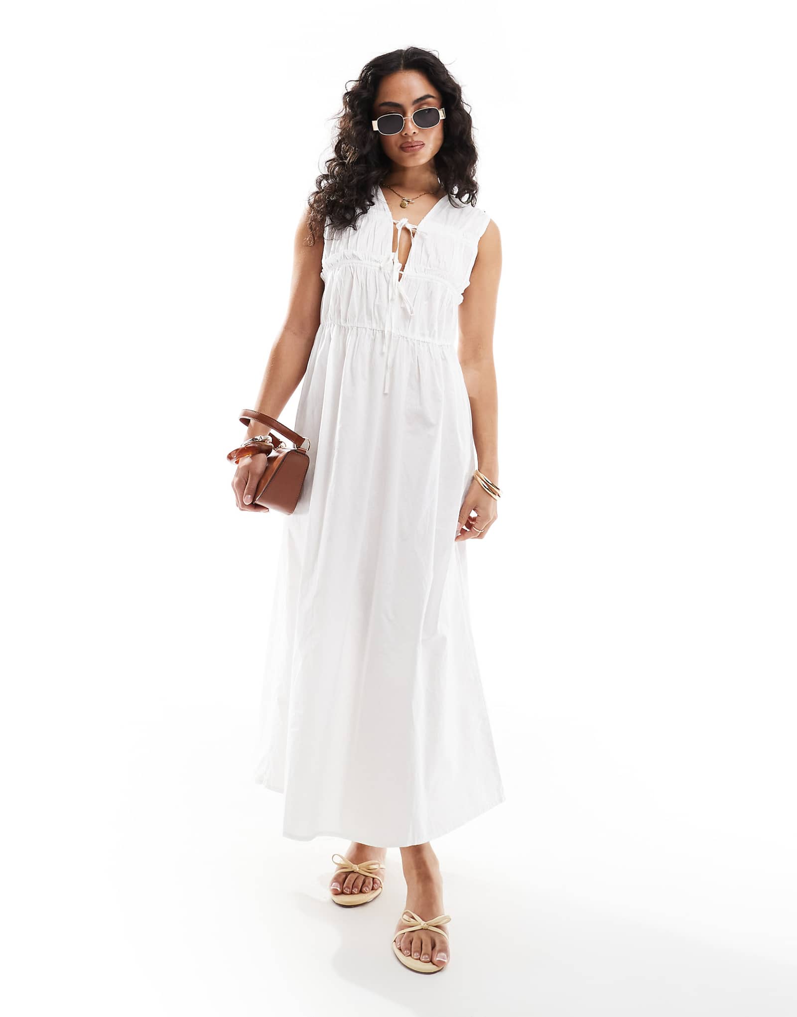 ONLY tie front ruched midaxi dress in white 6190₽