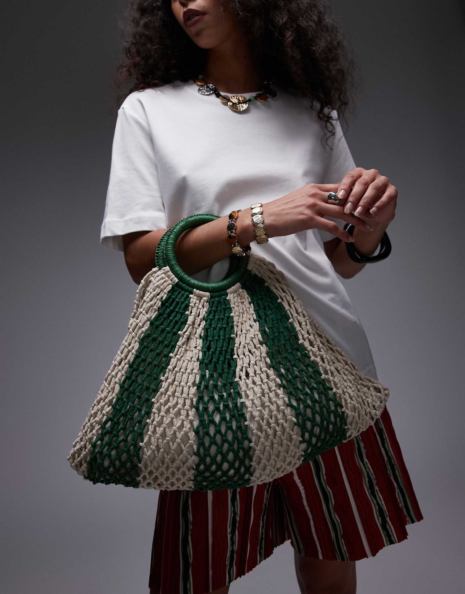 Topshop Gemma striped crochet grab bag in green stripe 9290₽