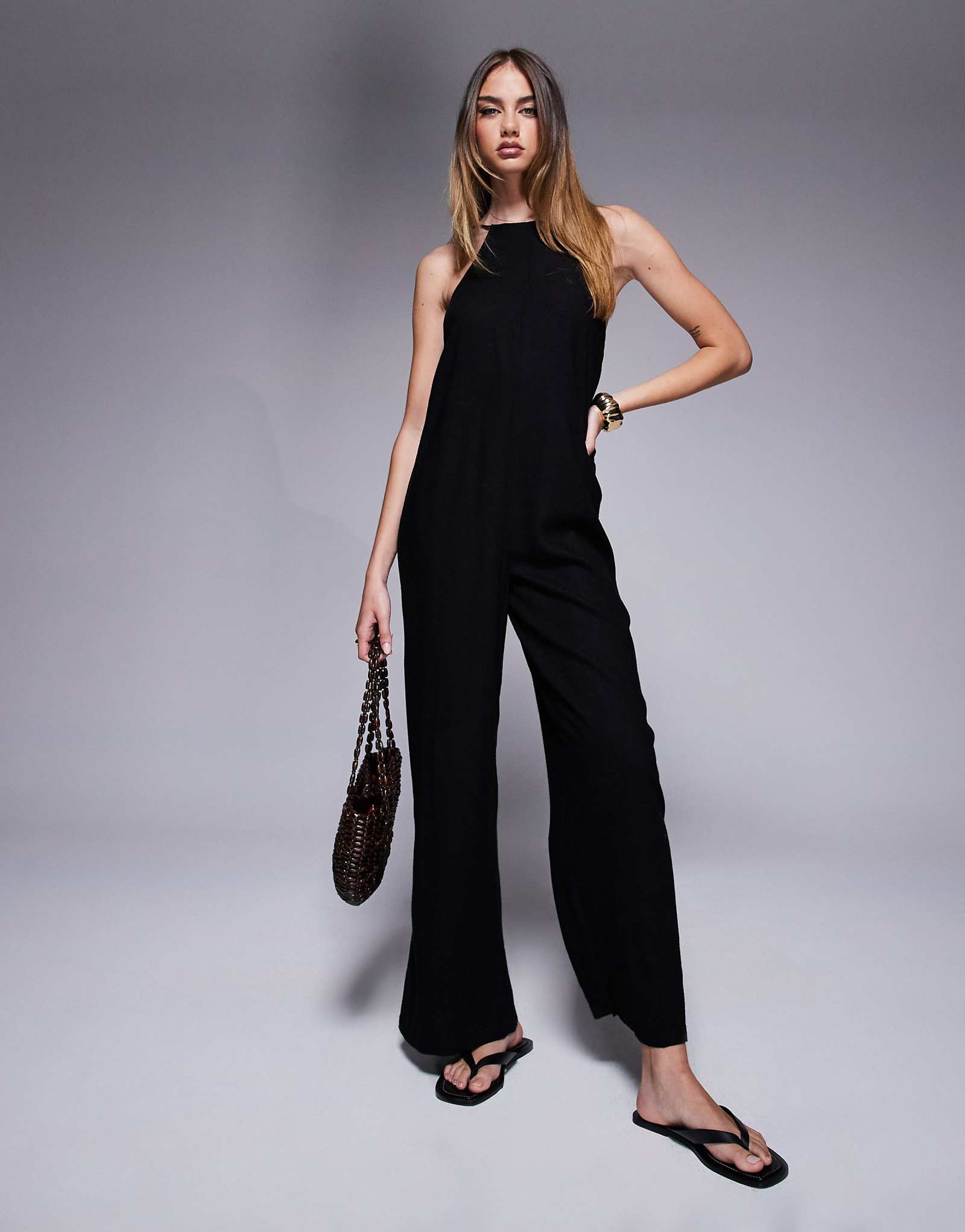 River Island linen blend jumpsuit in black 10690₽