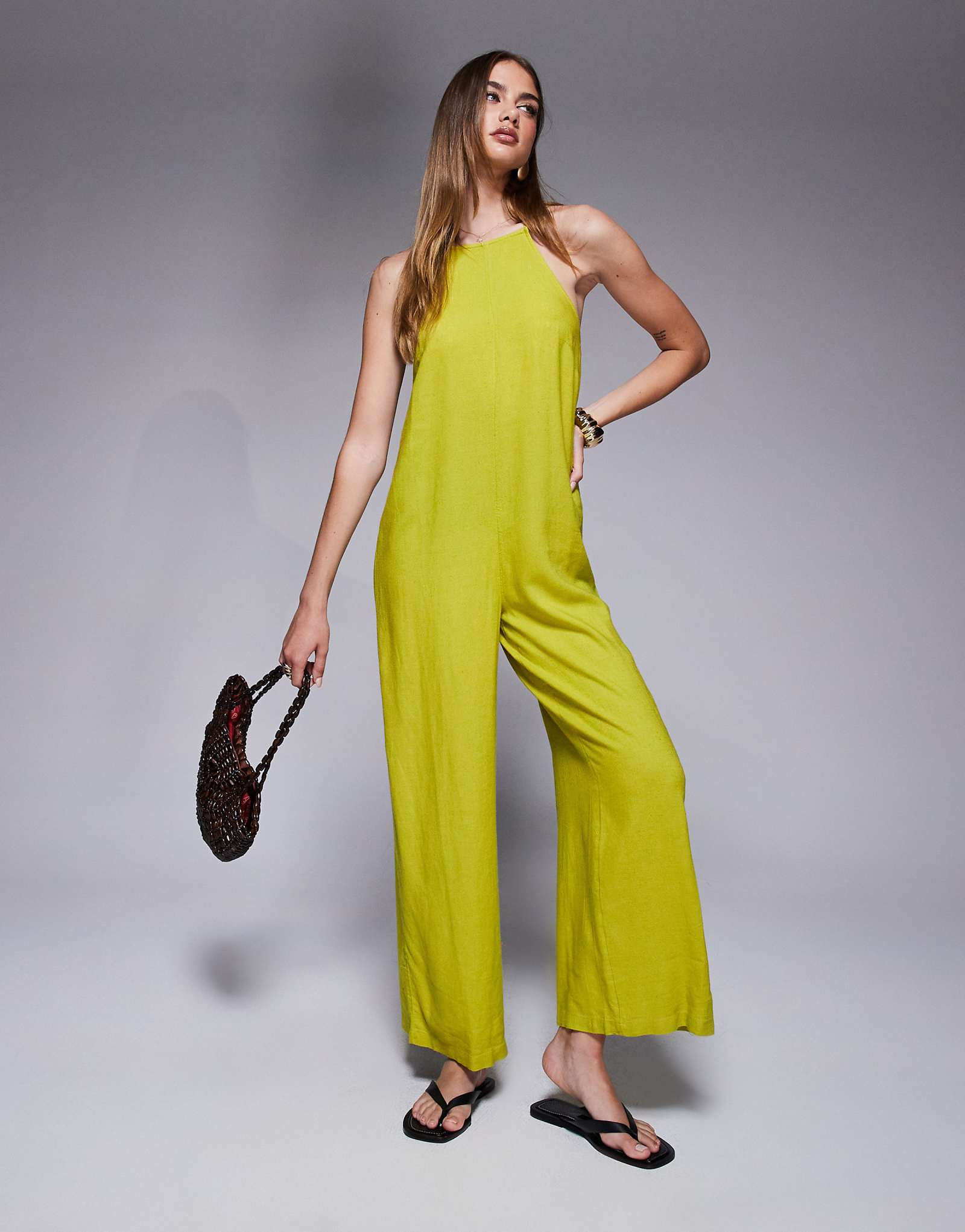 River Island linen blend jumpsuit in lime green 10090₽