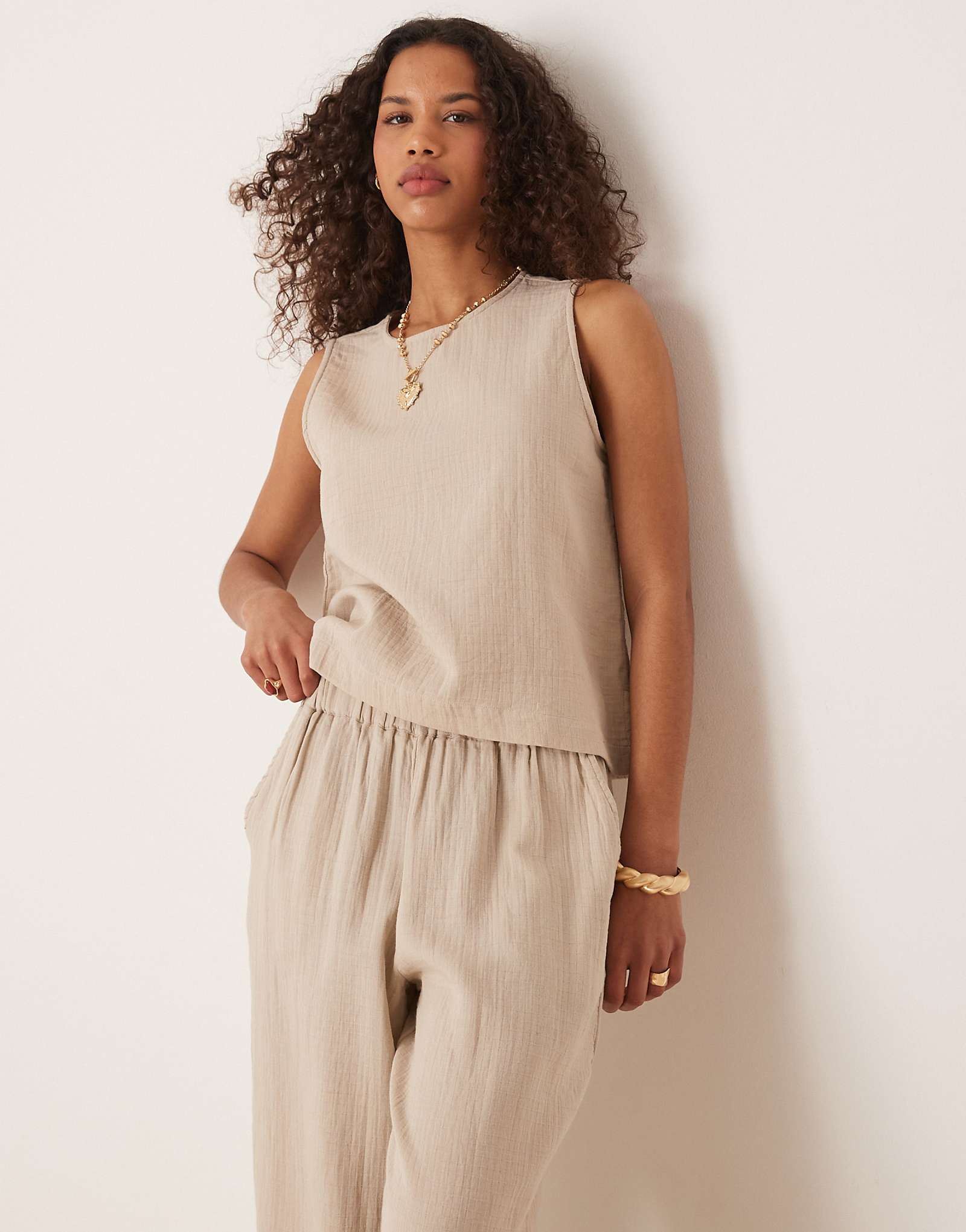 VILA crinkle sleeveless top in beige - part of a set