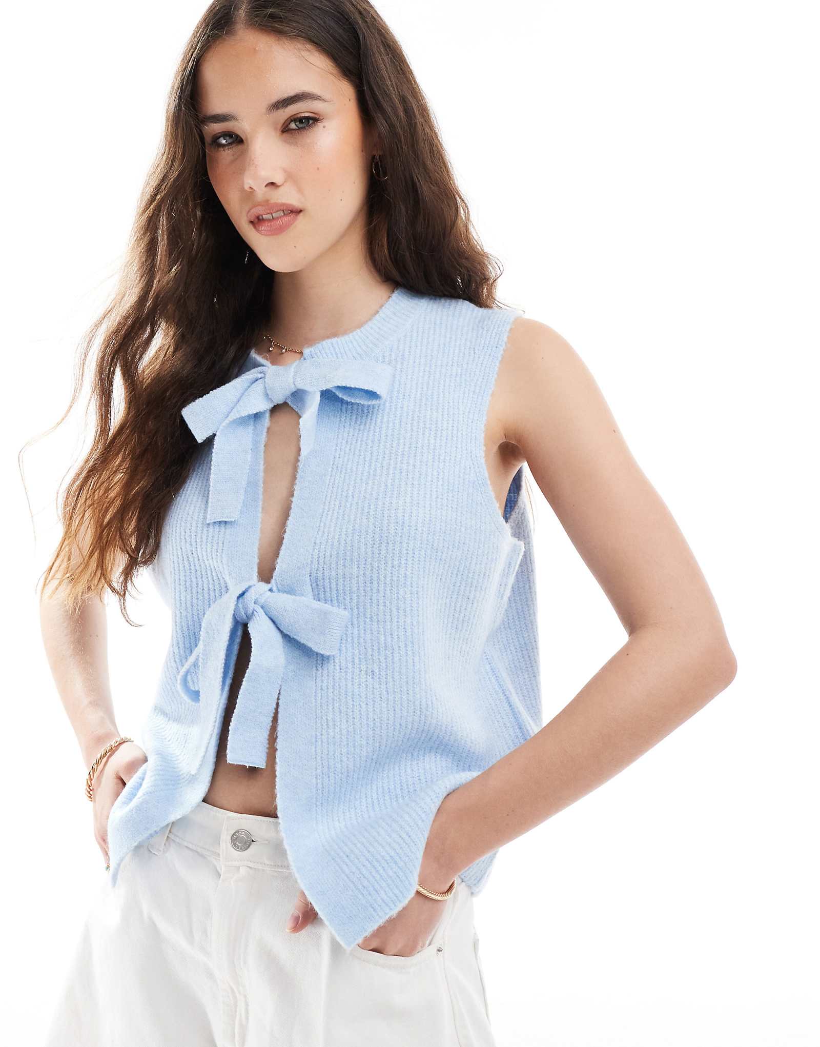 Pieces tie front knit top in light blue