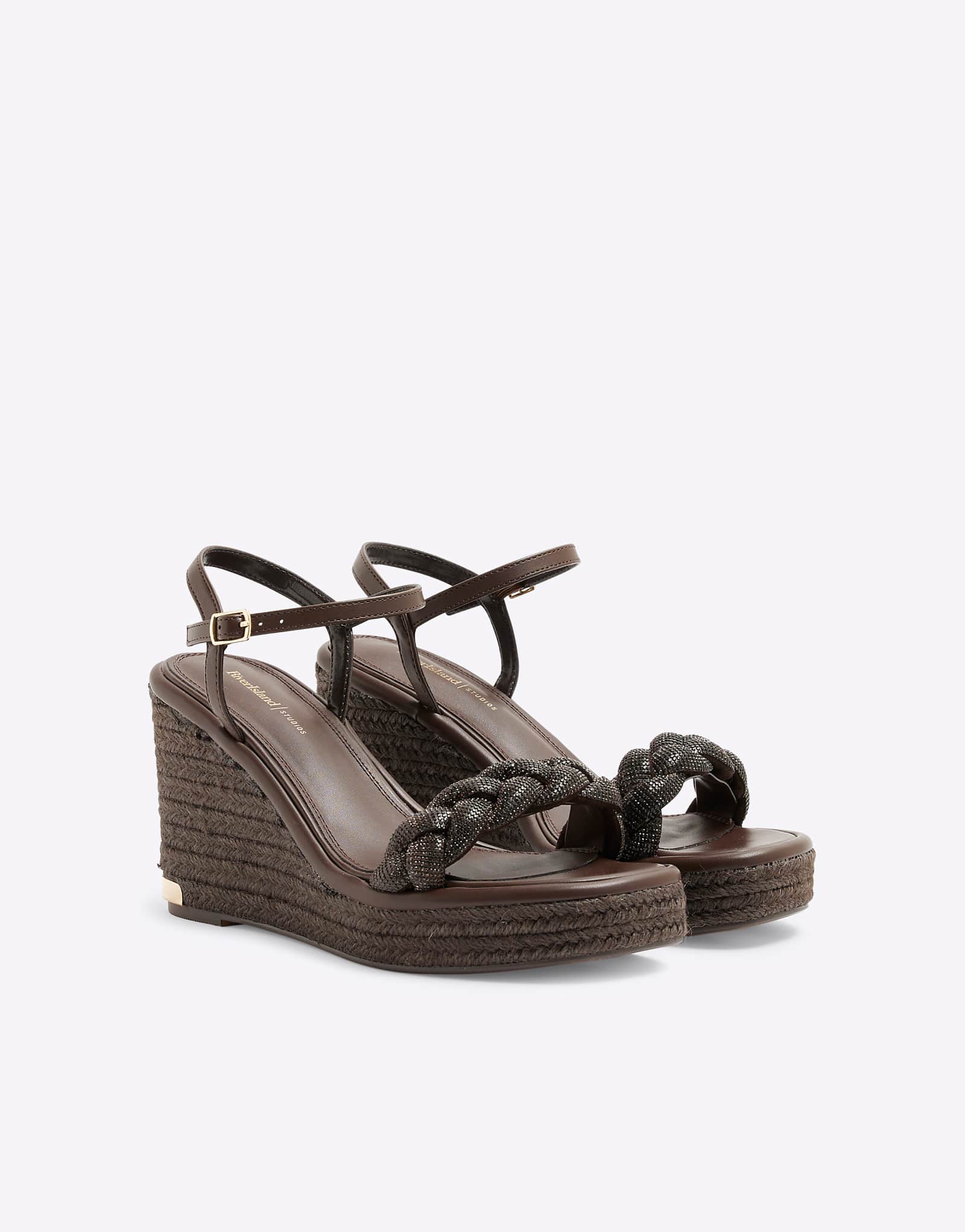 River Island open toe embellished wedge in dark brown 8690₽