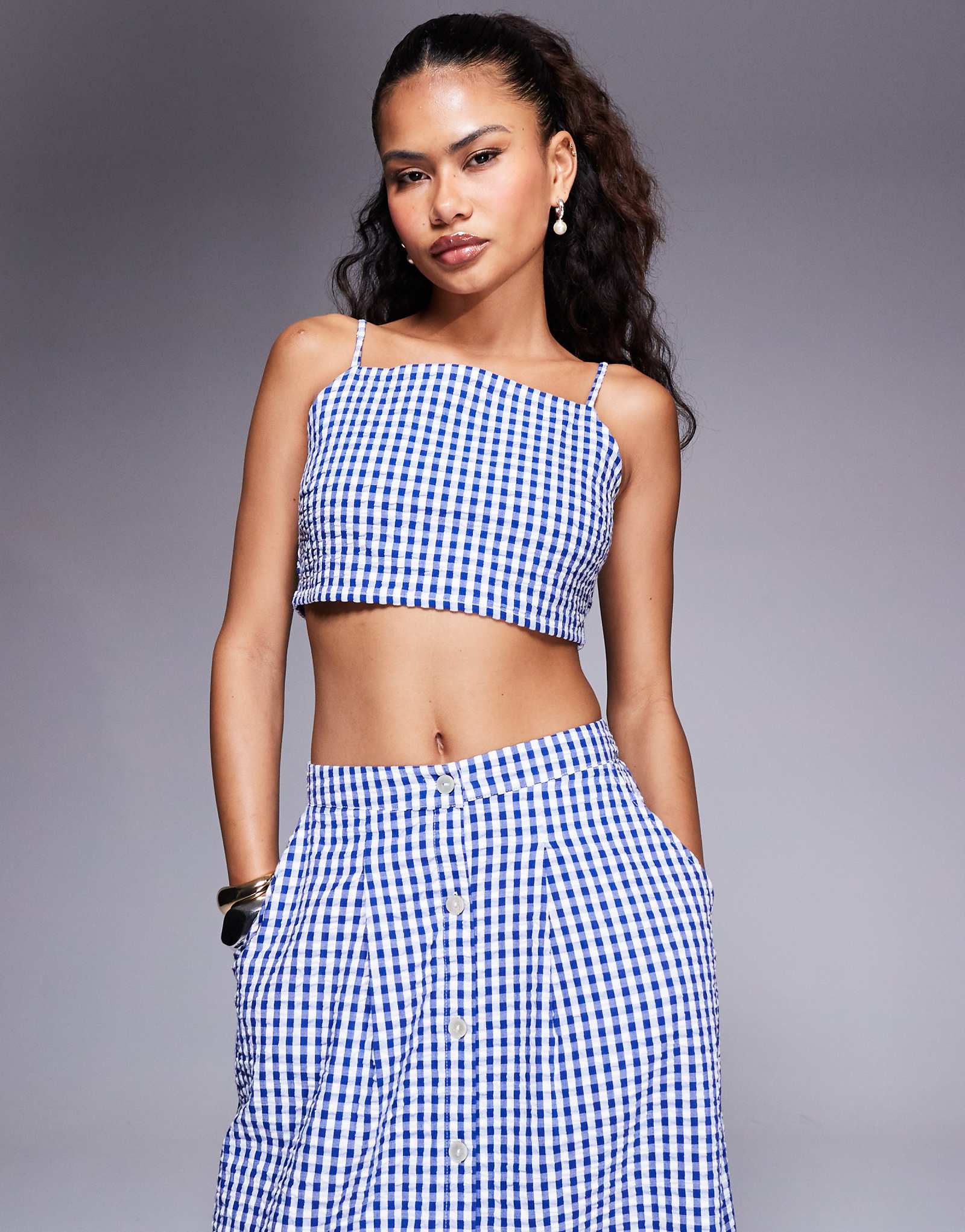River Island ruched gingham bralette top in blue - part of a set 6390₽