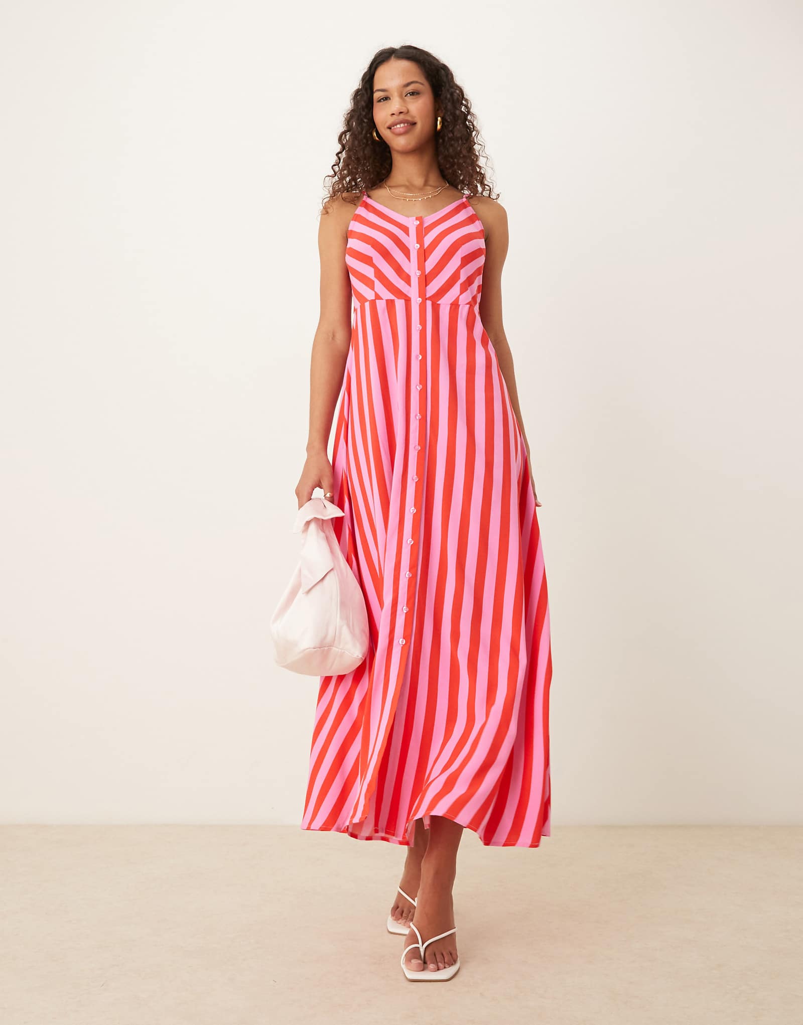 YAS button front cami maxi dress in pink and red stripe 15490₽