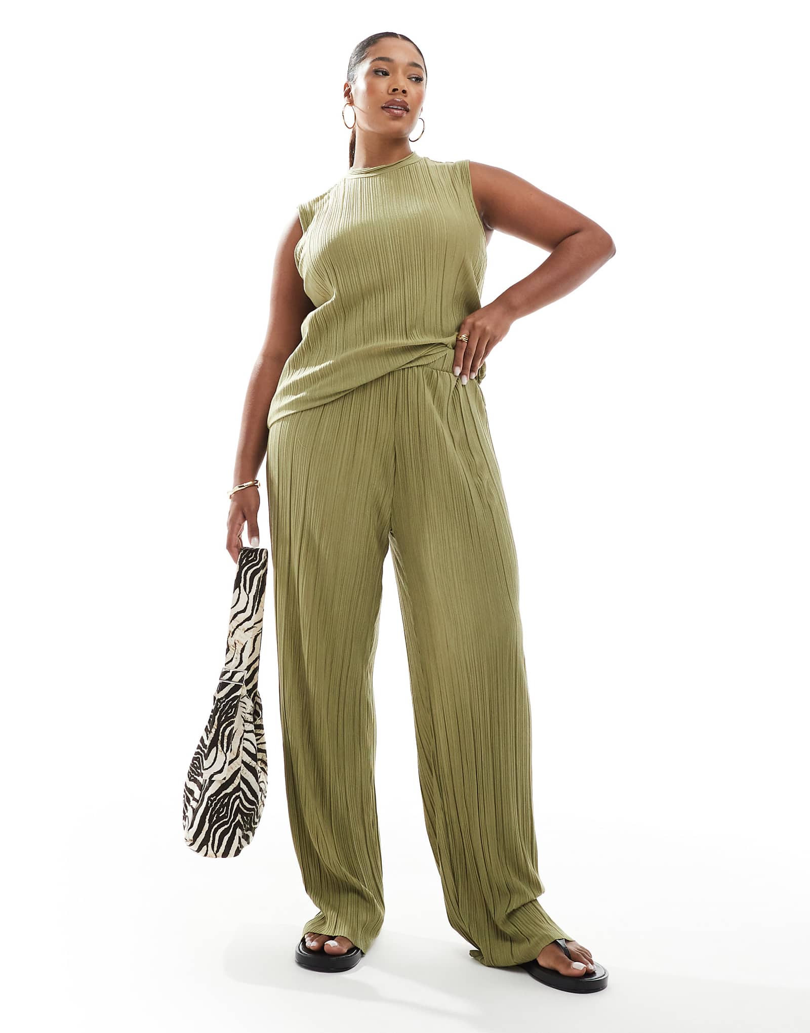 Vero Moda Curve plisse pants in khaki green - part of a set