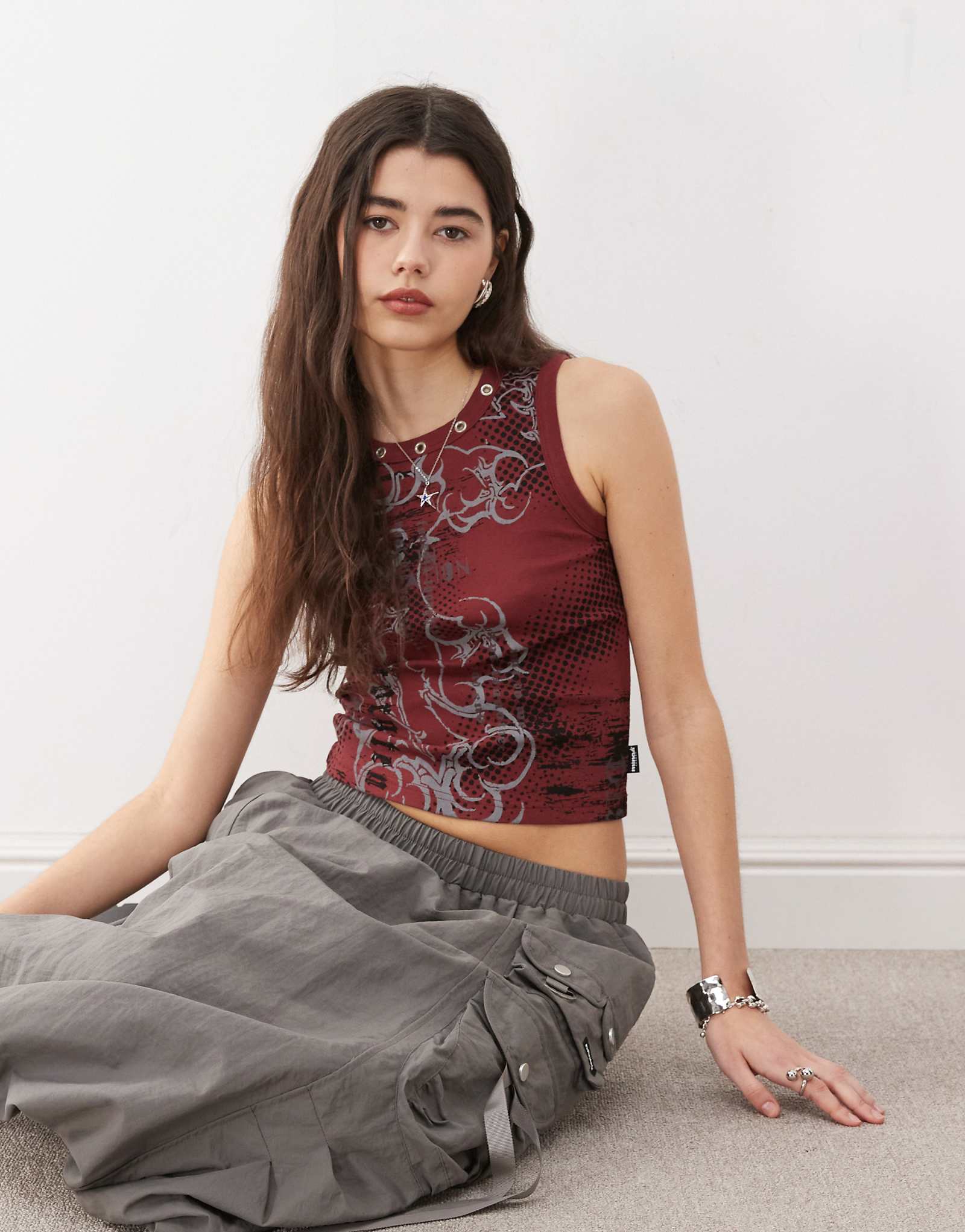 Minga London lost grunge print tank top with grommets in red