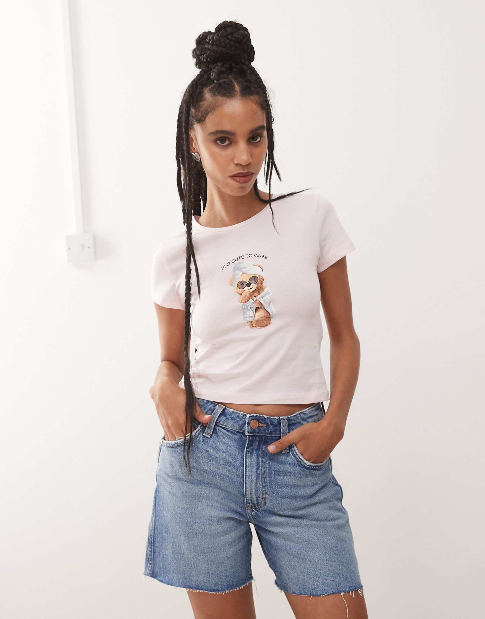 Noisy May baby tee with bear print in light pink