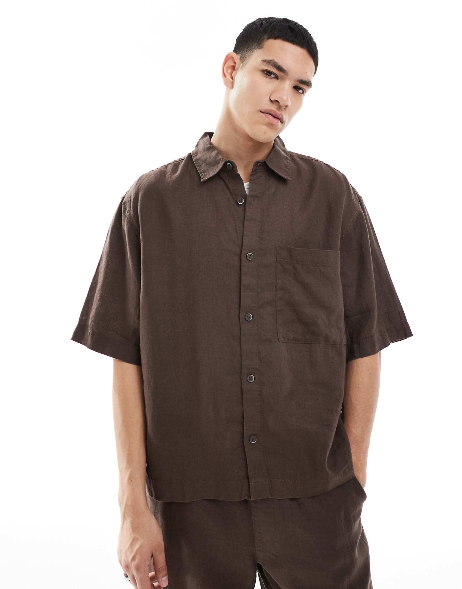 Pull-Bear 100 linen shirt in brown - part of a set 9090₽