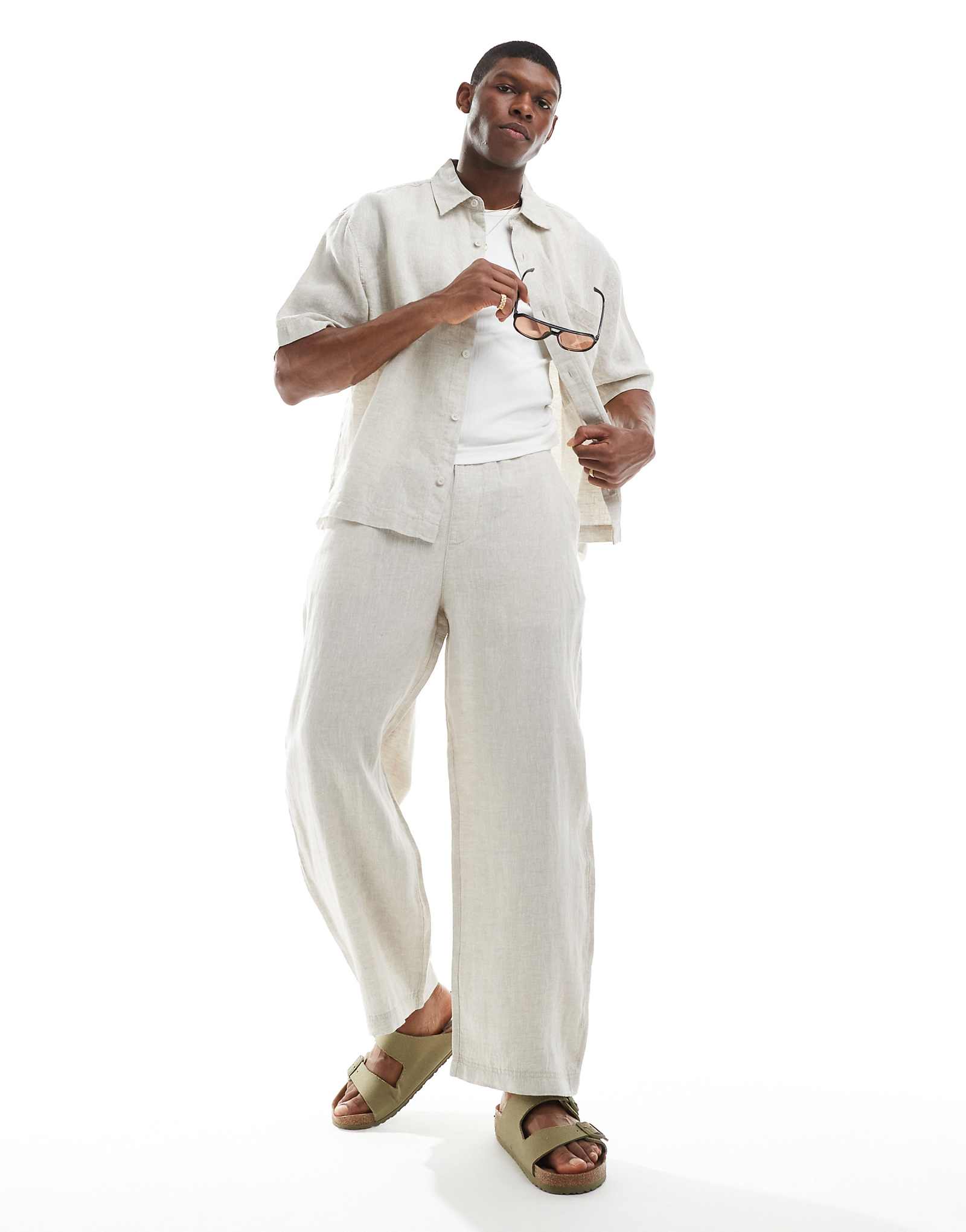 Pull-Bear 100 linen wide leg pants in natural - part of a set 8490₽