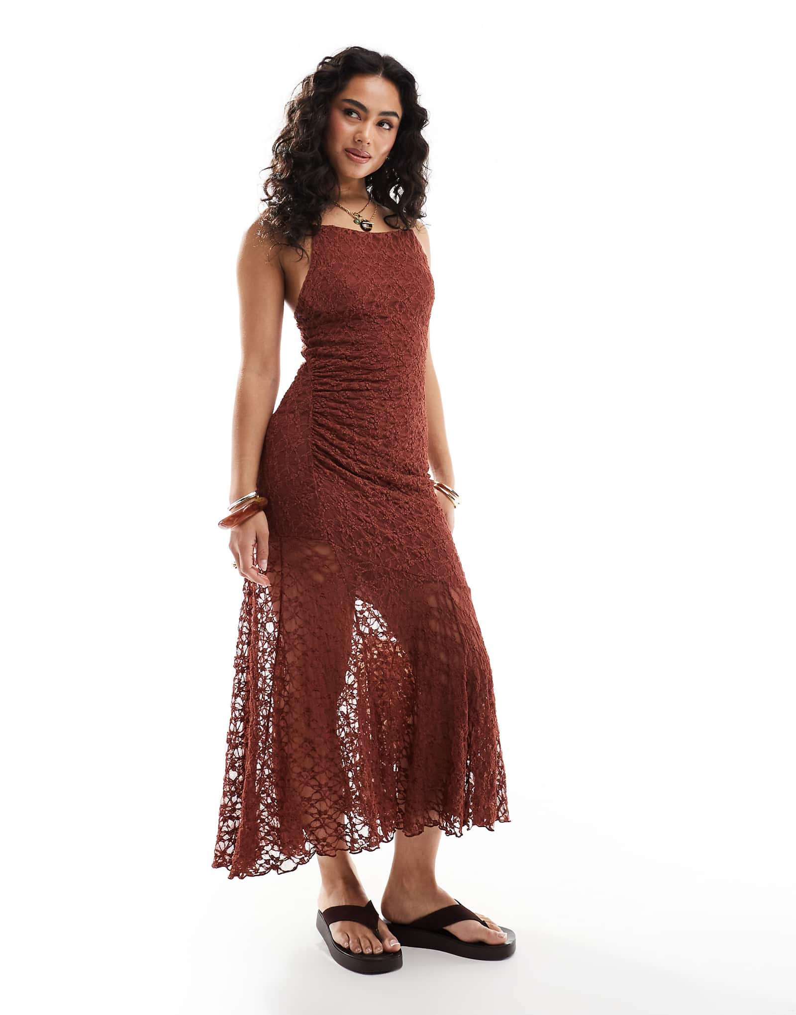 Pull-Bear asymmetric hem lace maxi dress in burnt orange 5990₽