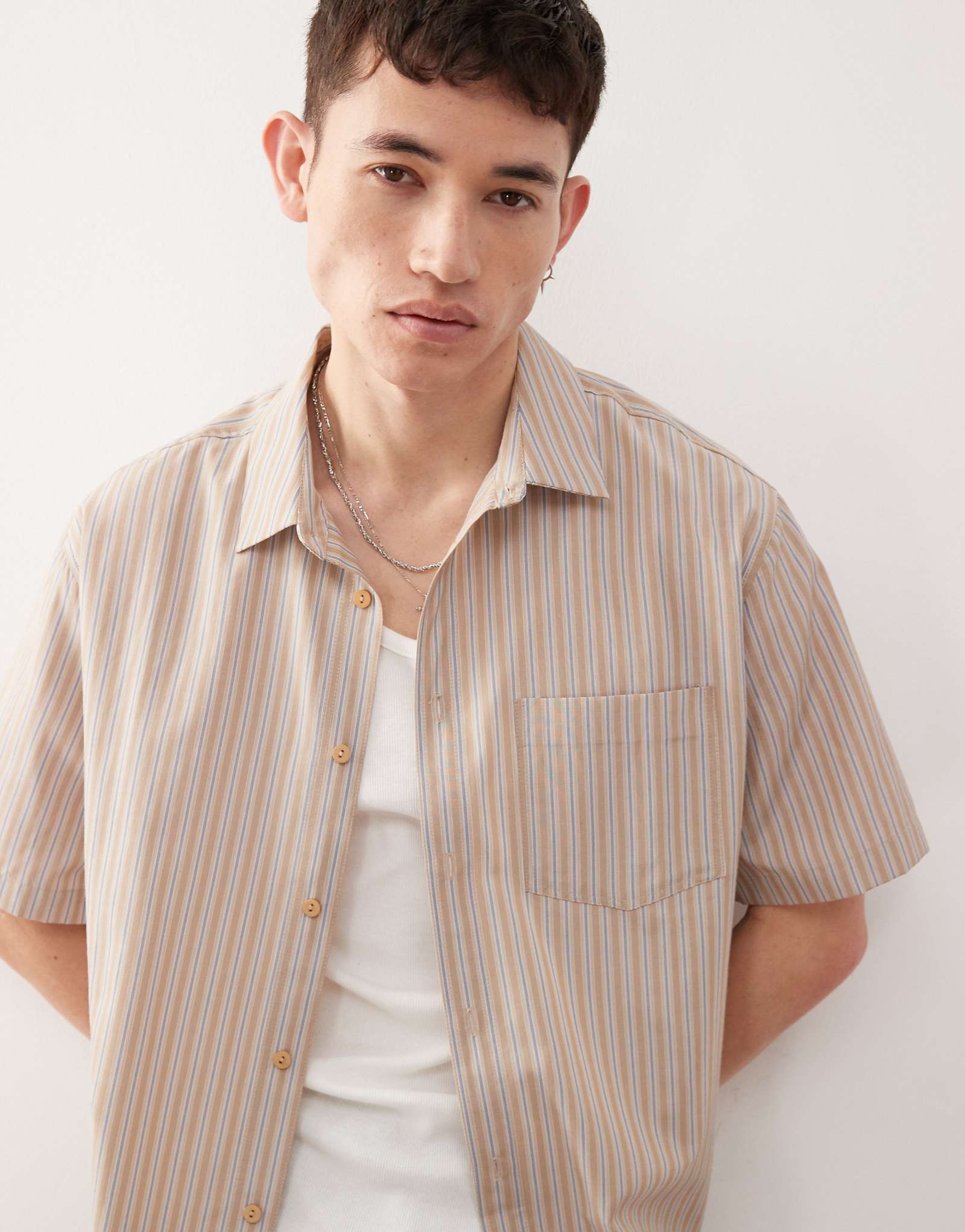 Reclaimed Vintage boxy cropped shirt in beige and blue stripe