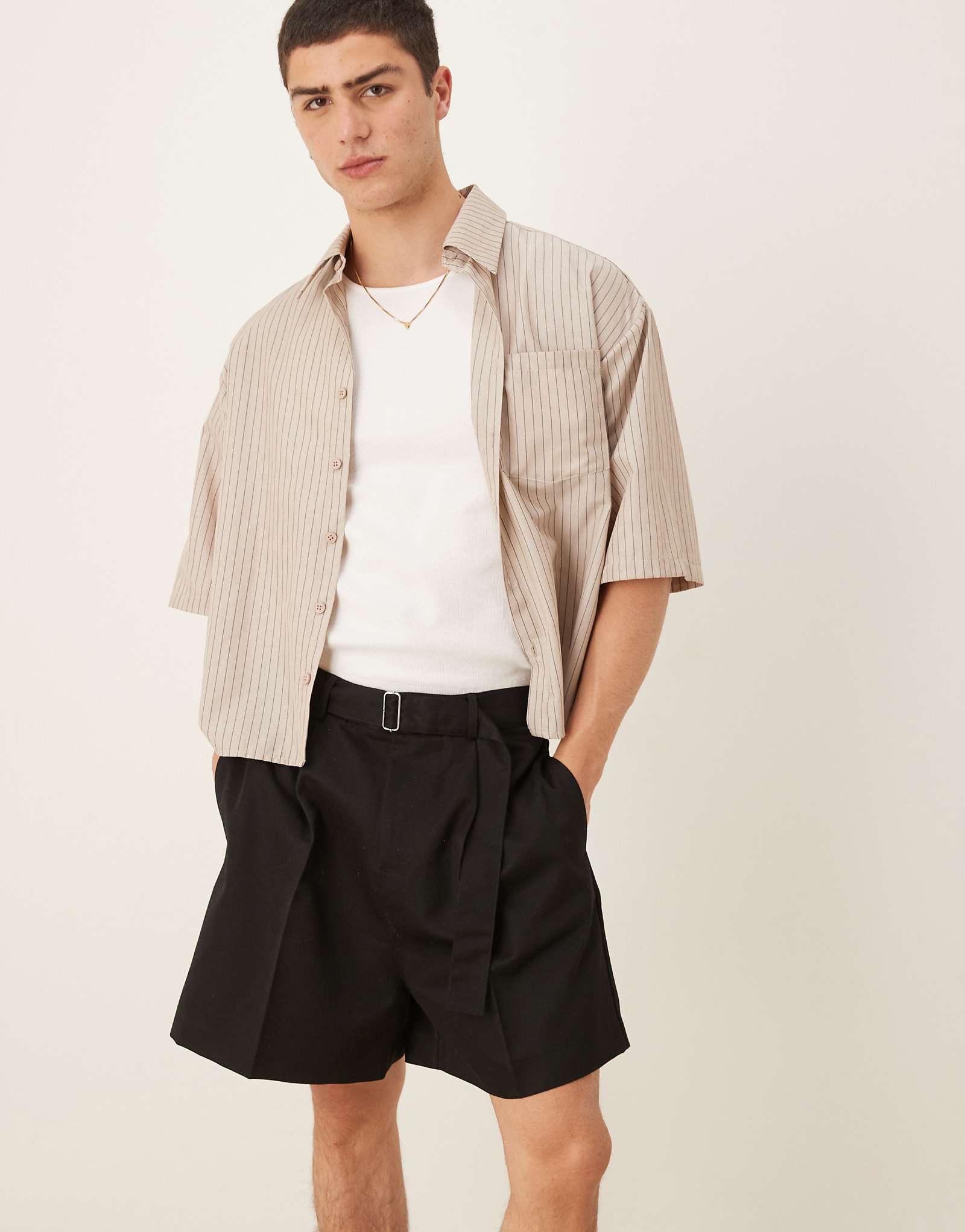 ASOS DESIGN smart wide longline shorts with front pleat and belt detail in black 5890₽