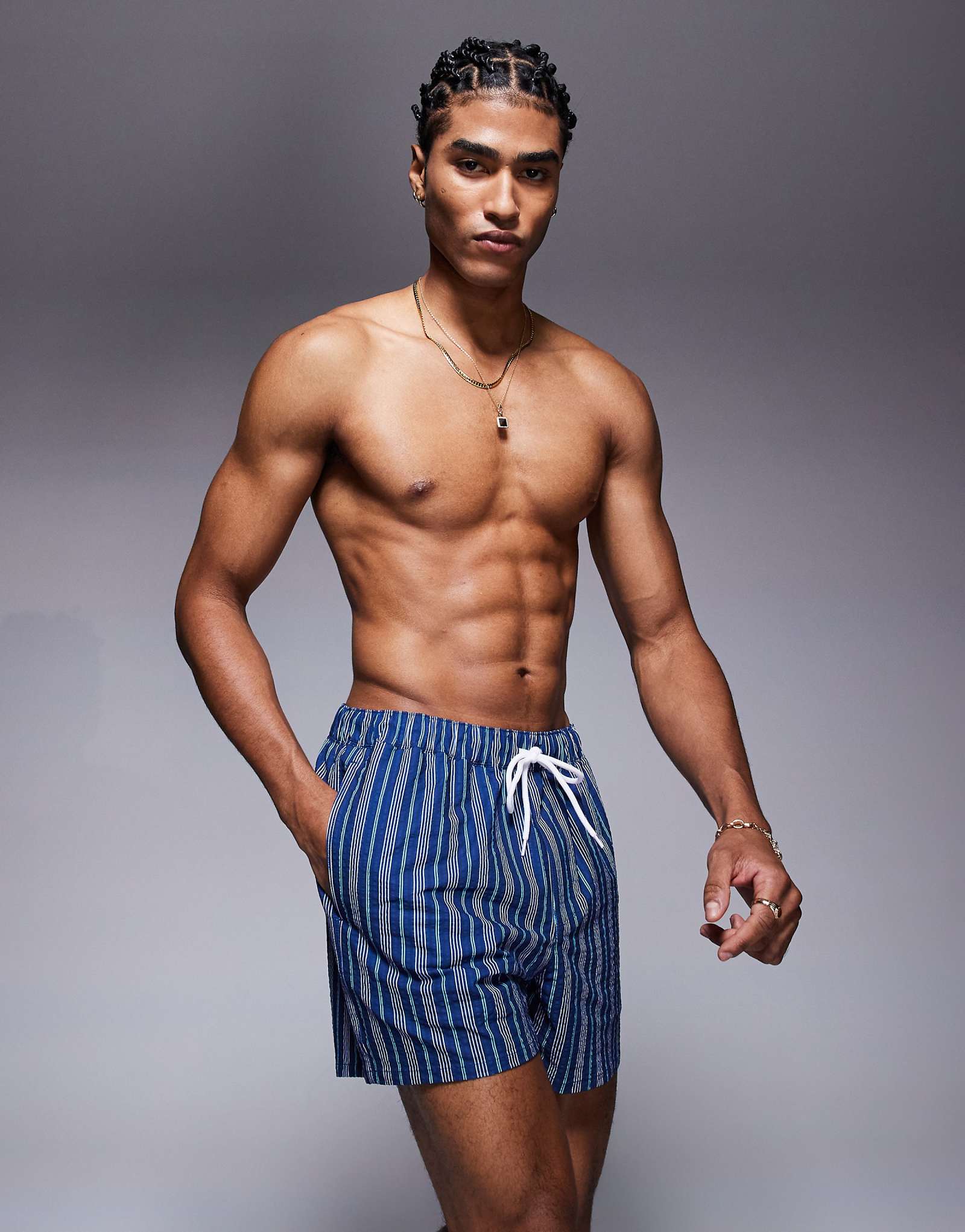 ASOS DESIGN swim shorts in short length with blue stripe 4090₽