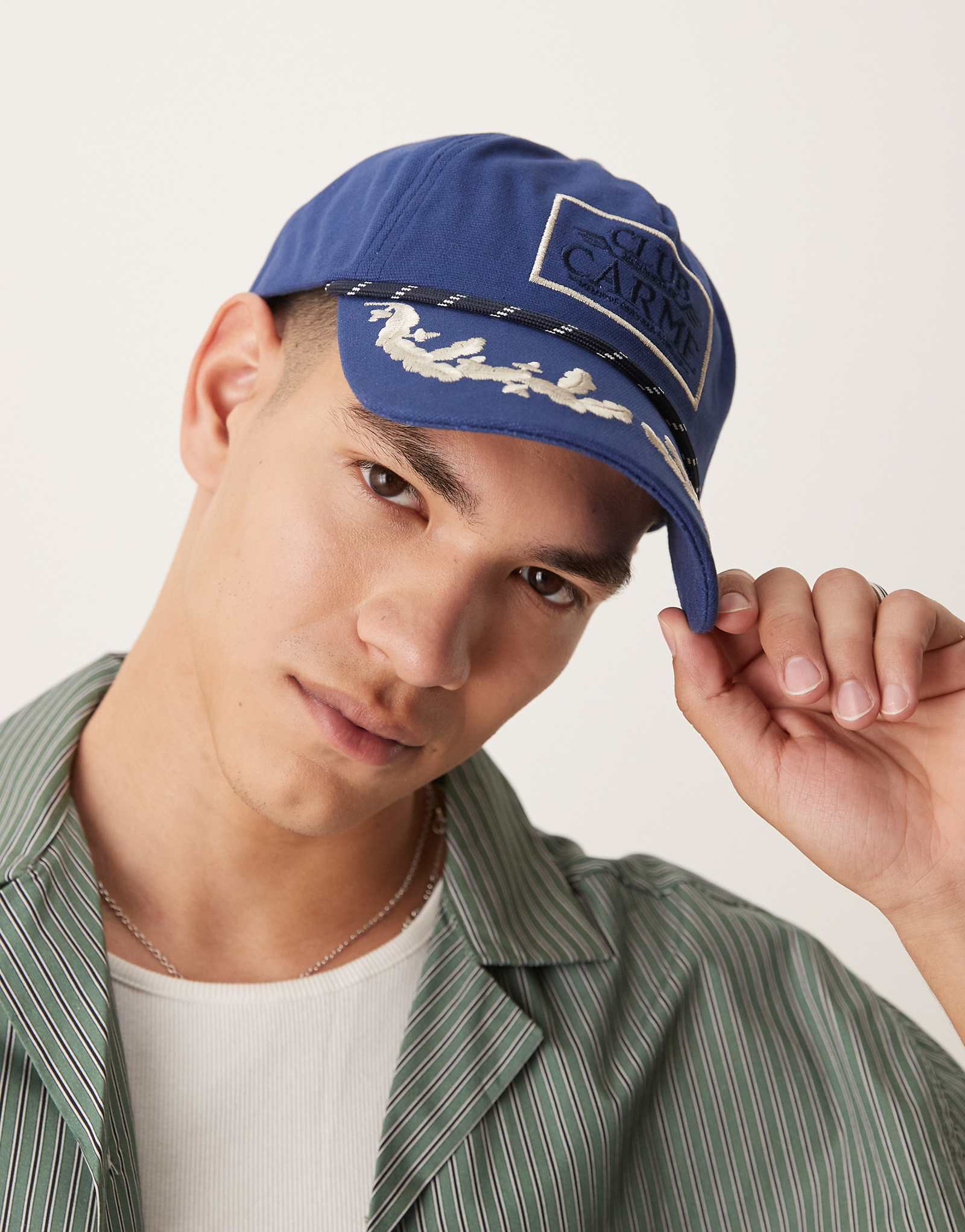 ASOS DESIGN club carme baroque embroidered cap with rope detail in navy 3290₽