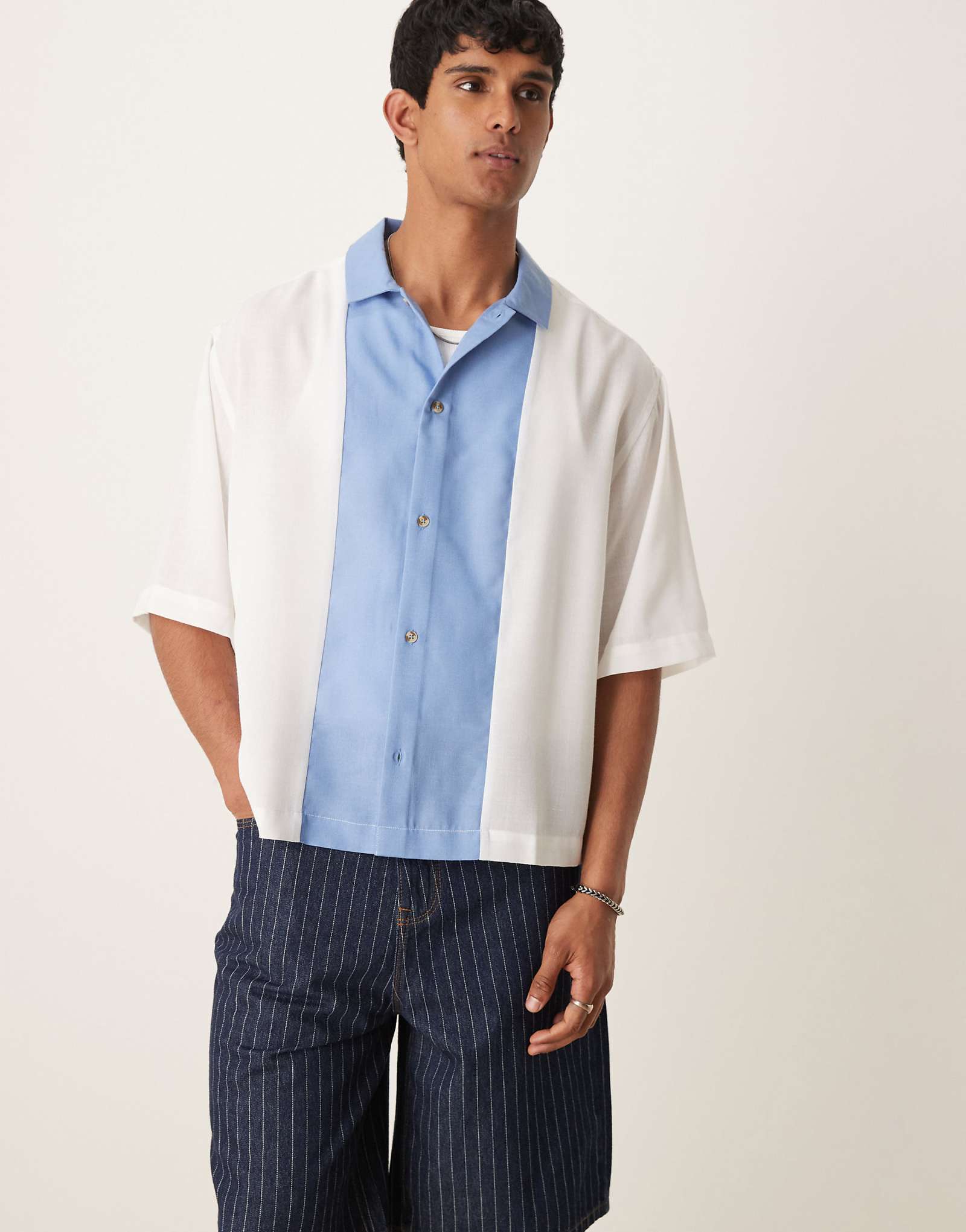 ASOS DESIGN boxy overhead oversized shirt in blue and stone cut and sew 6990₽