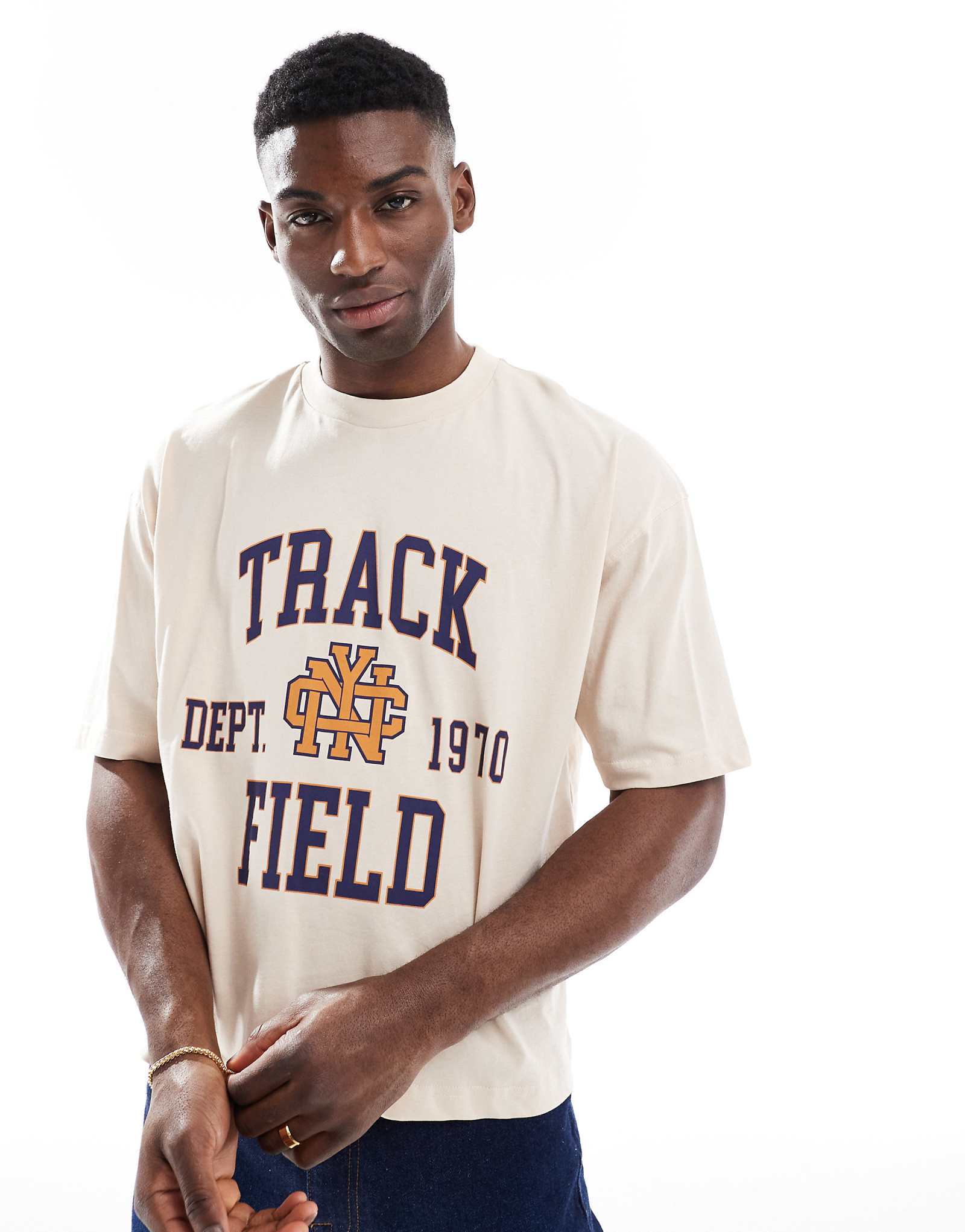 ASOS DESIGN boxy oversized T-shirt with varsity graphic in neutral 2890₽