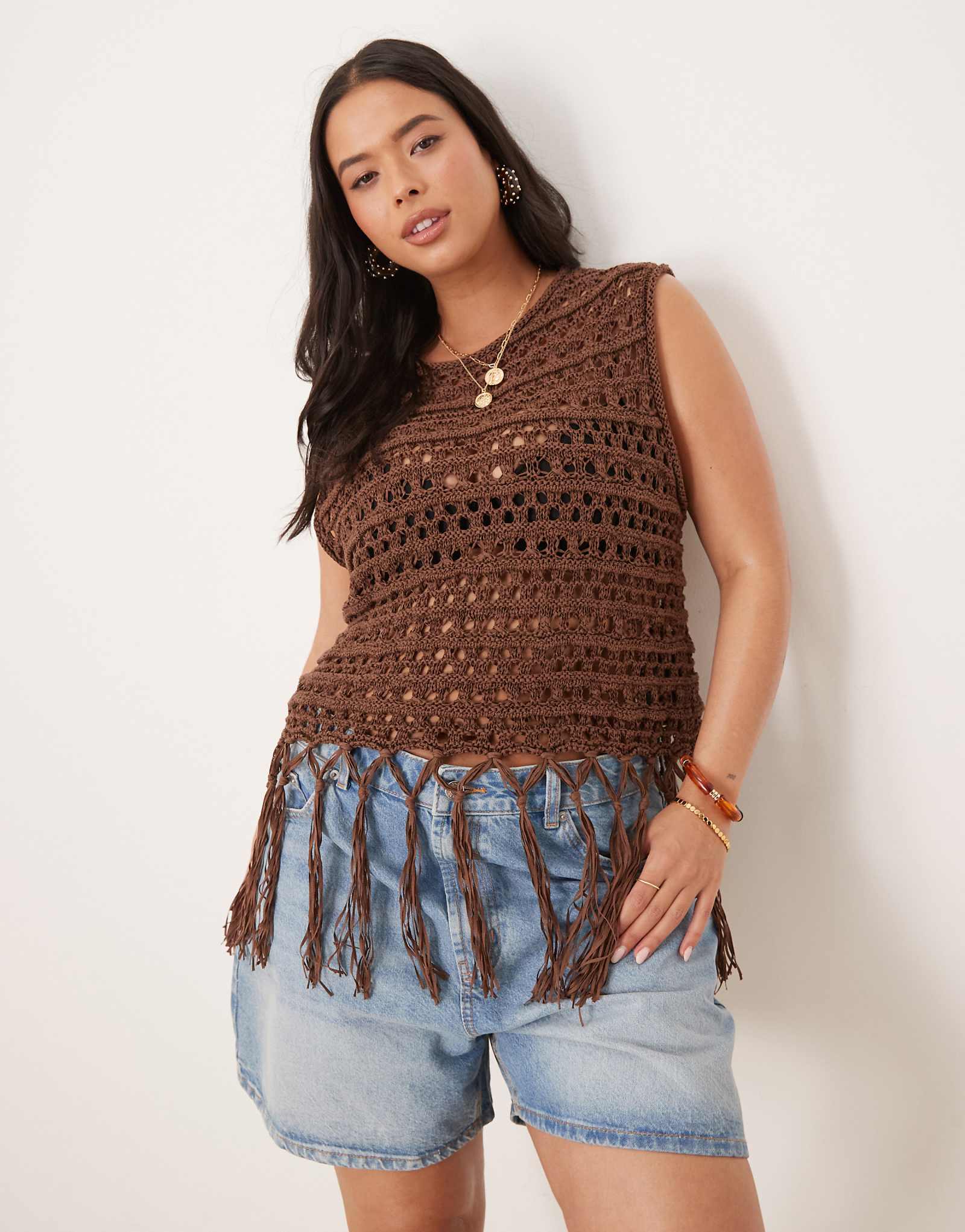 ASOS DESIGN Curve knit stitch tank with fringe detail in chocolate 6490₽