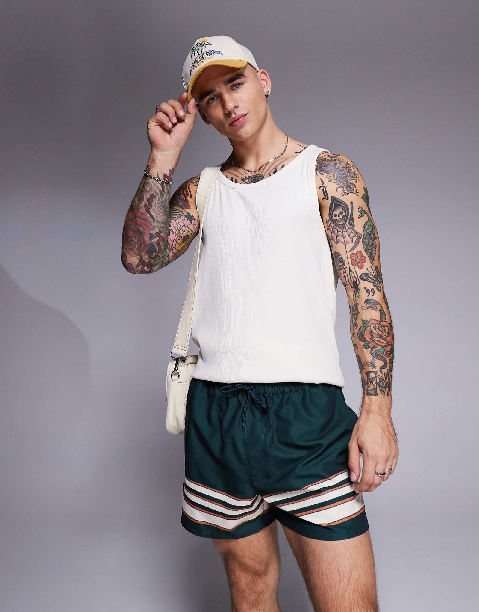 ASOS DESIGN swim shorts in short length in green with border stripe 3590₽