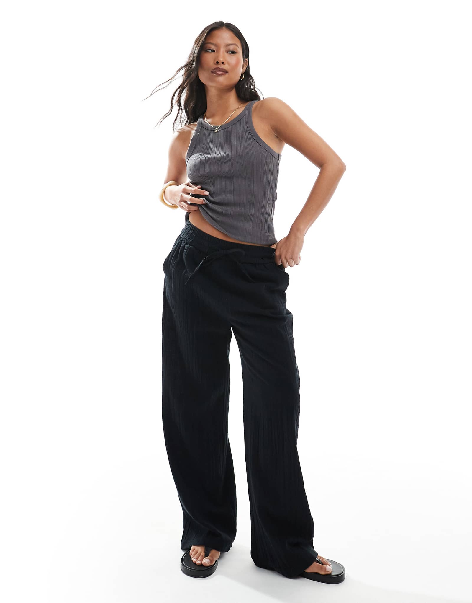 ONLY Petite wide leg linen look pants in black 6790₽