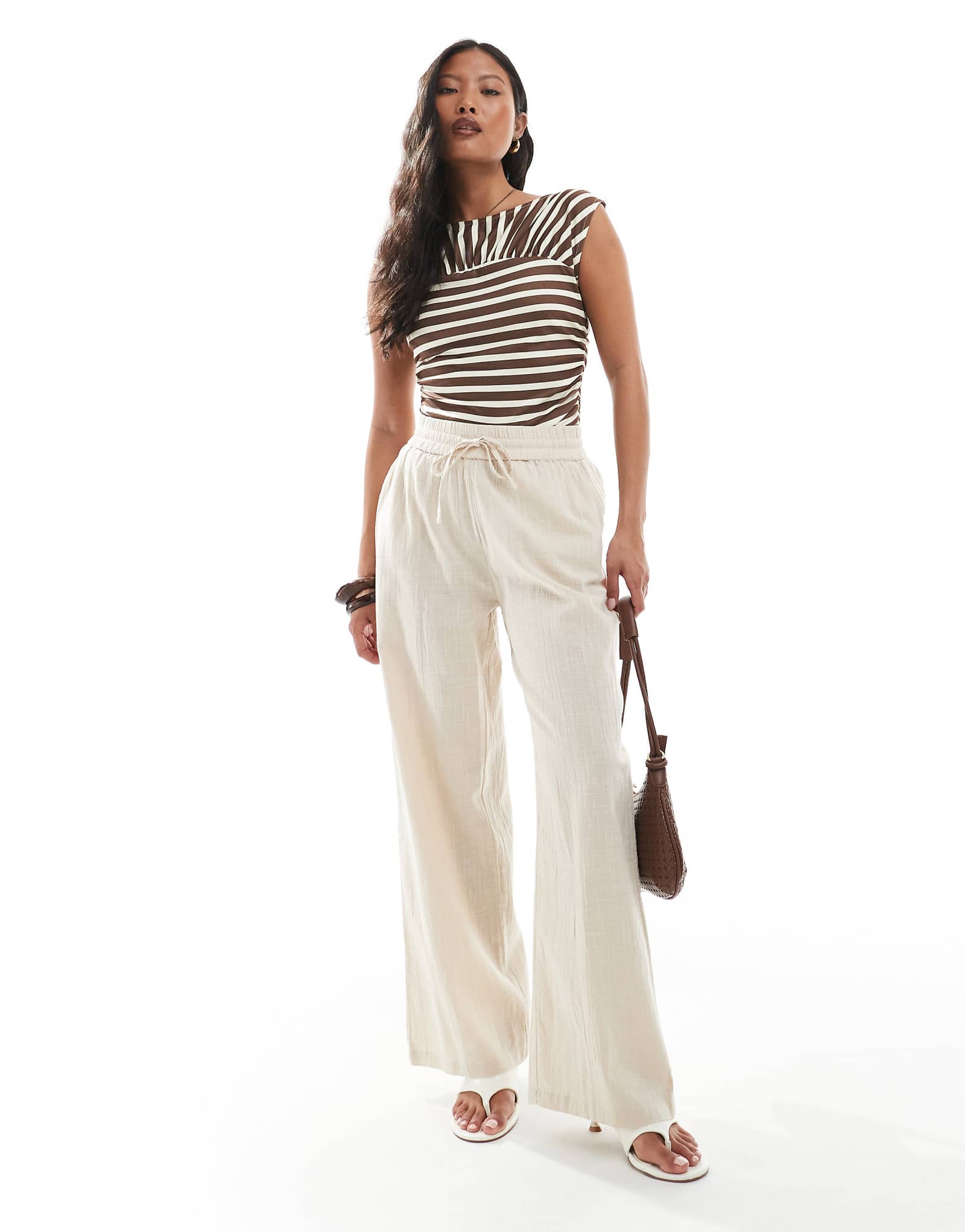 ONLY Petite wide leg linen look pants in beige