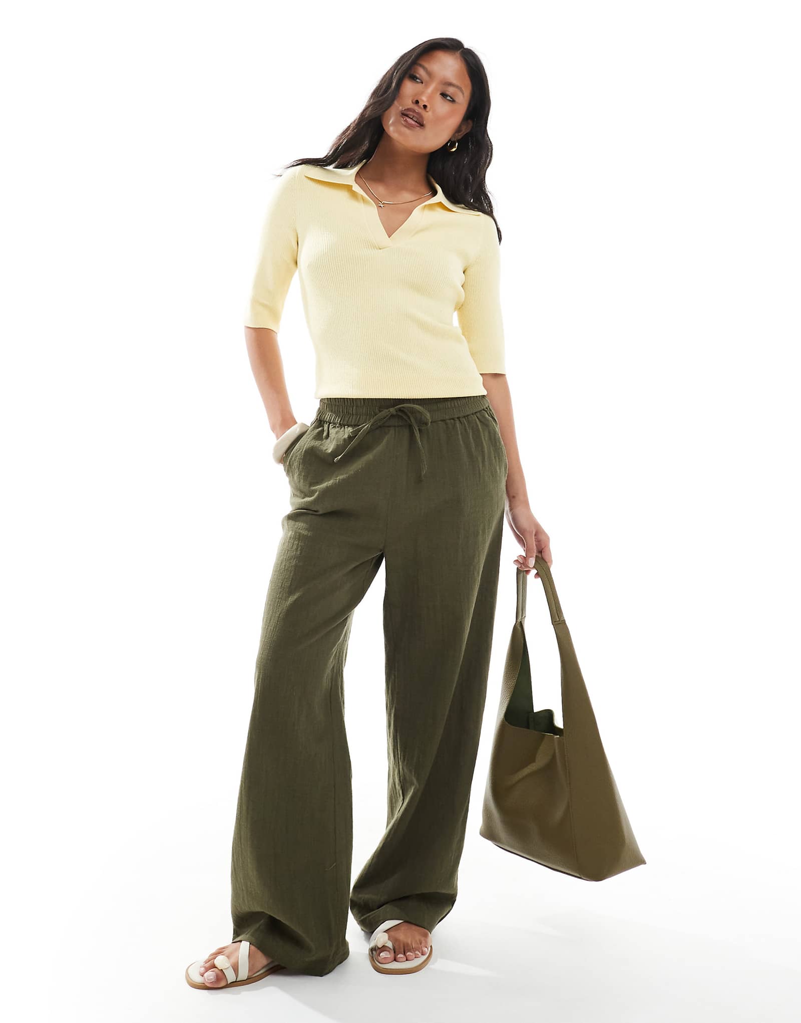 ONLY Petite wide leg linen look pants in khaki 8490₽