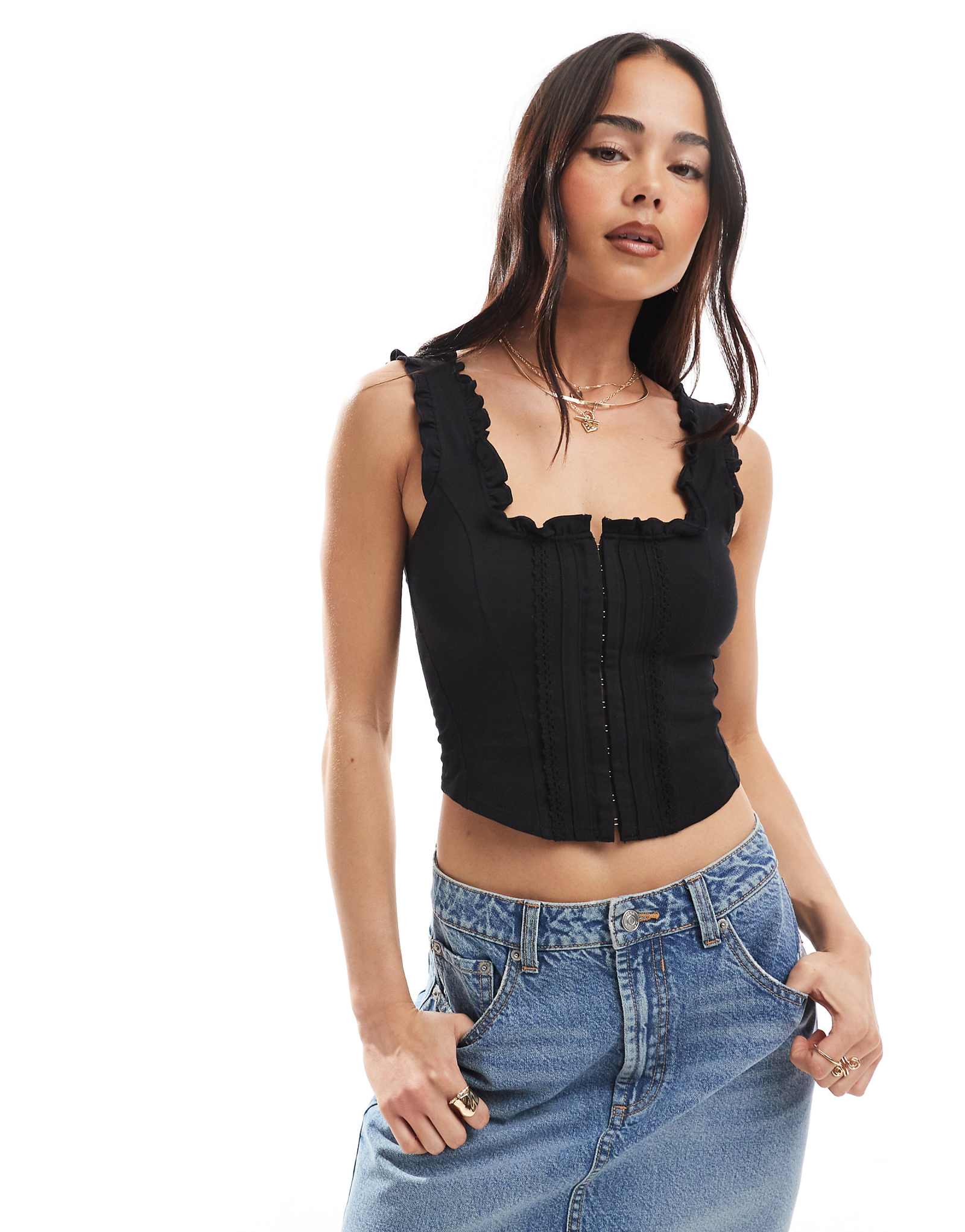 Miss Selfridge hook and eye detail corset top in black 3890₽