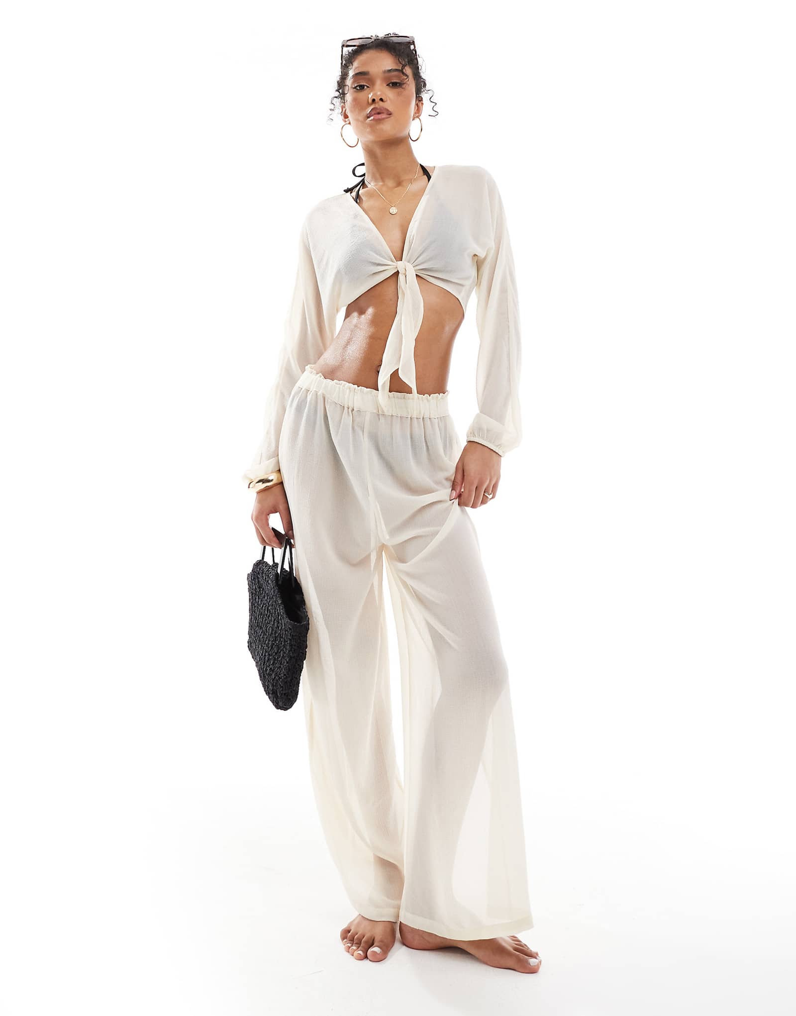 ONLY tie front top and pants beach set in cream