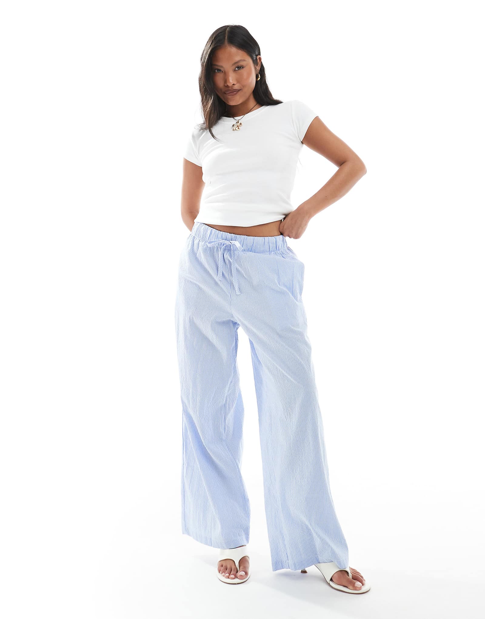 ONLY Petite wide leg pants in blue stripes