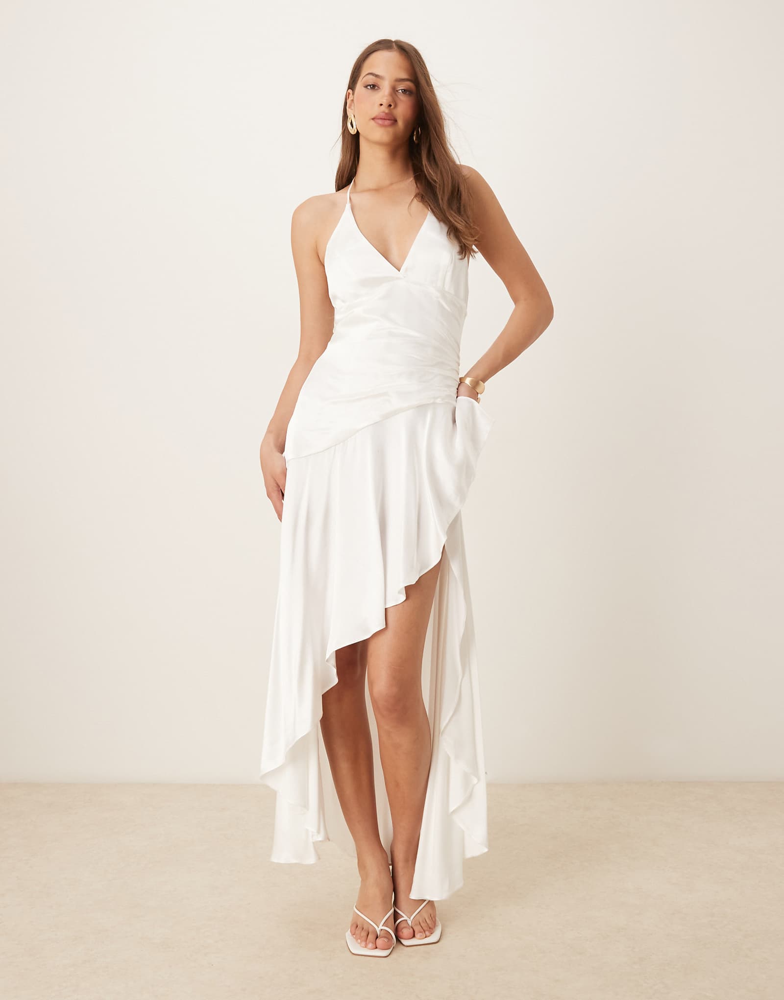 Bardot halterneck asymmetric midaxi dress in white
