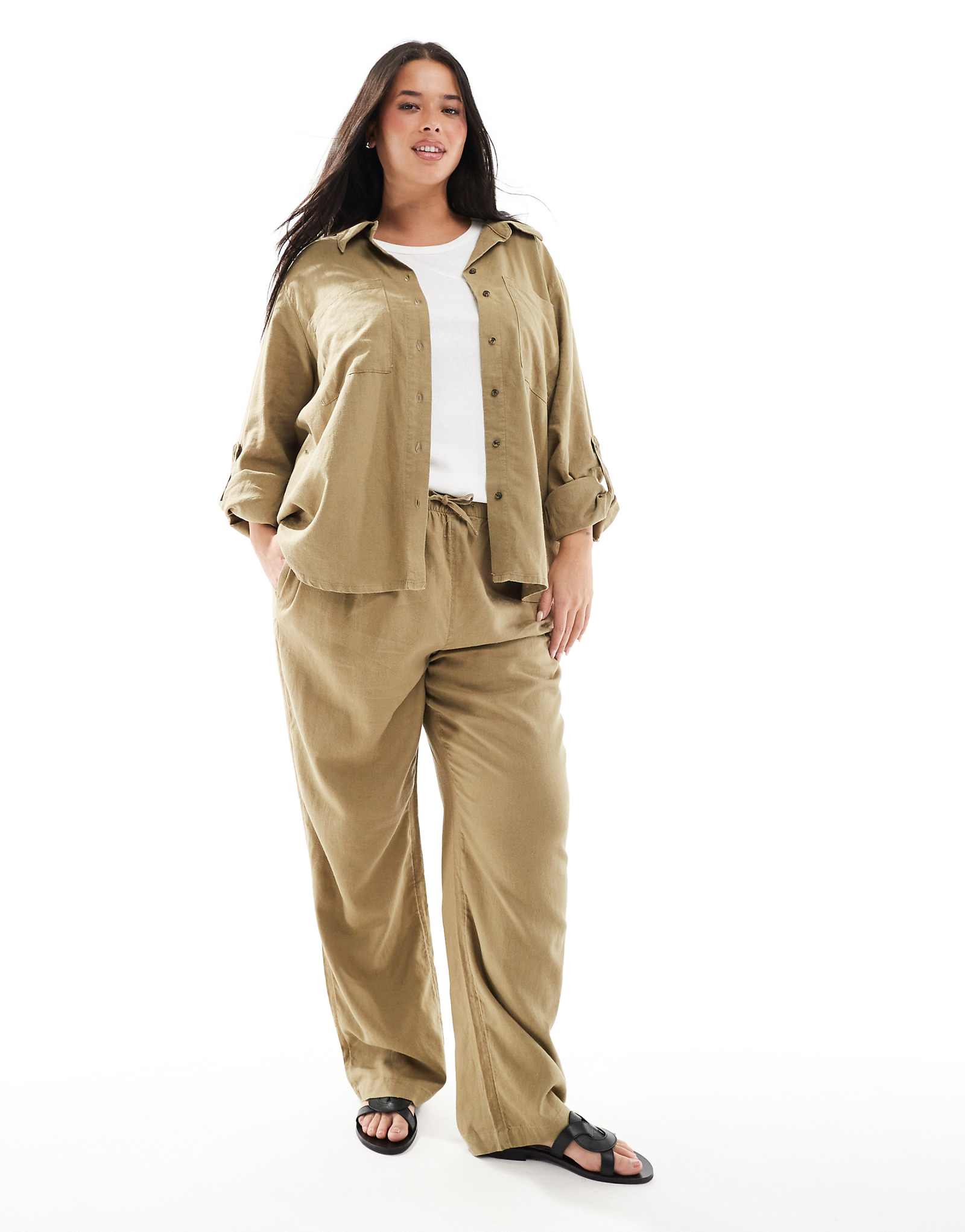 ONLY Curve linen mix pull on pants in light khaki - part of a set 3490₽