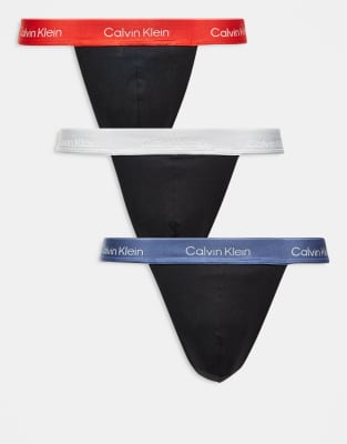 Хлопковые эластичные стринги Calvin Klein Icon из 3-х упаковок черного цвета с красными/синими поясами
