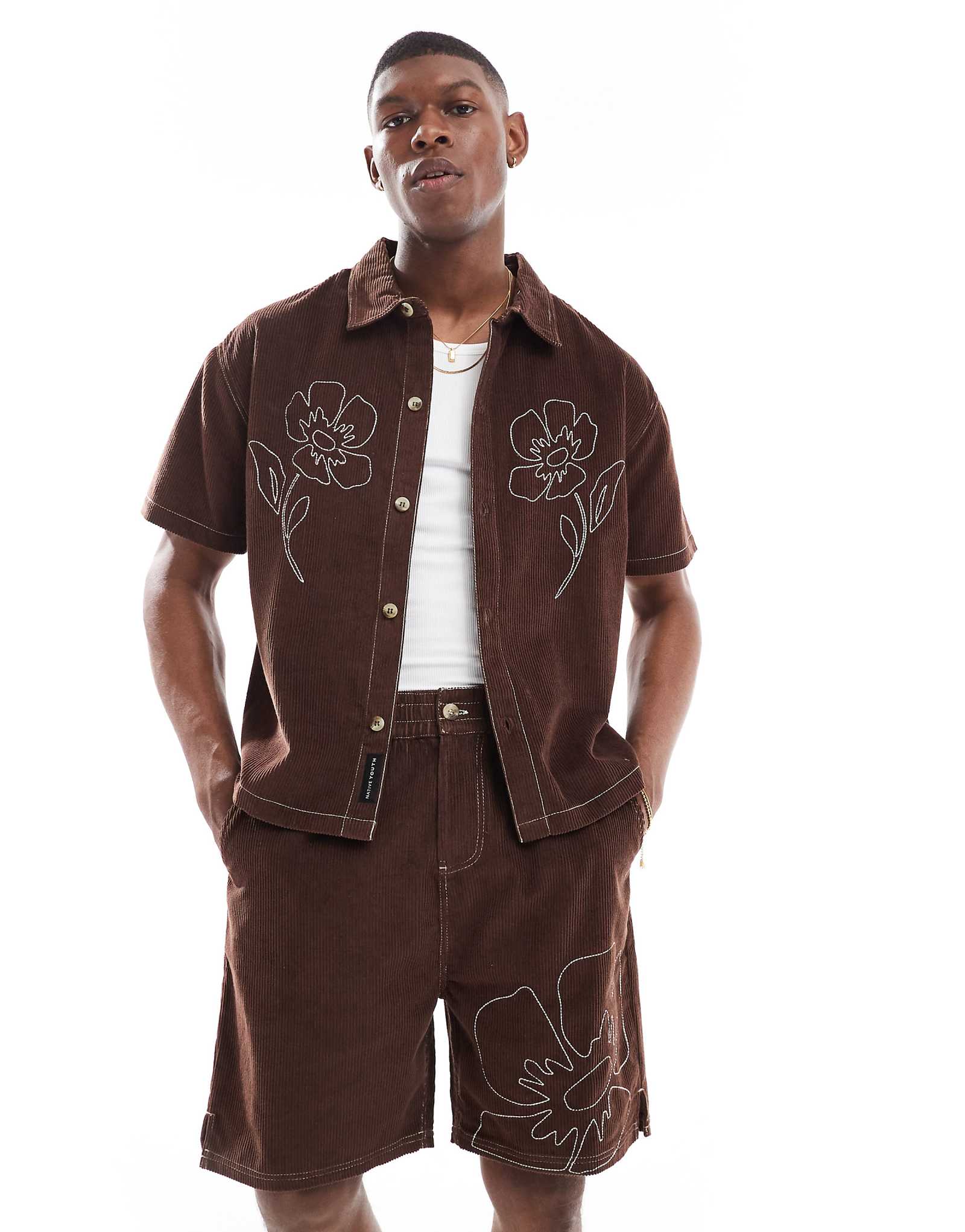 Native Youth boxy corduroy shirt with contrast stitch embroidery in brown
