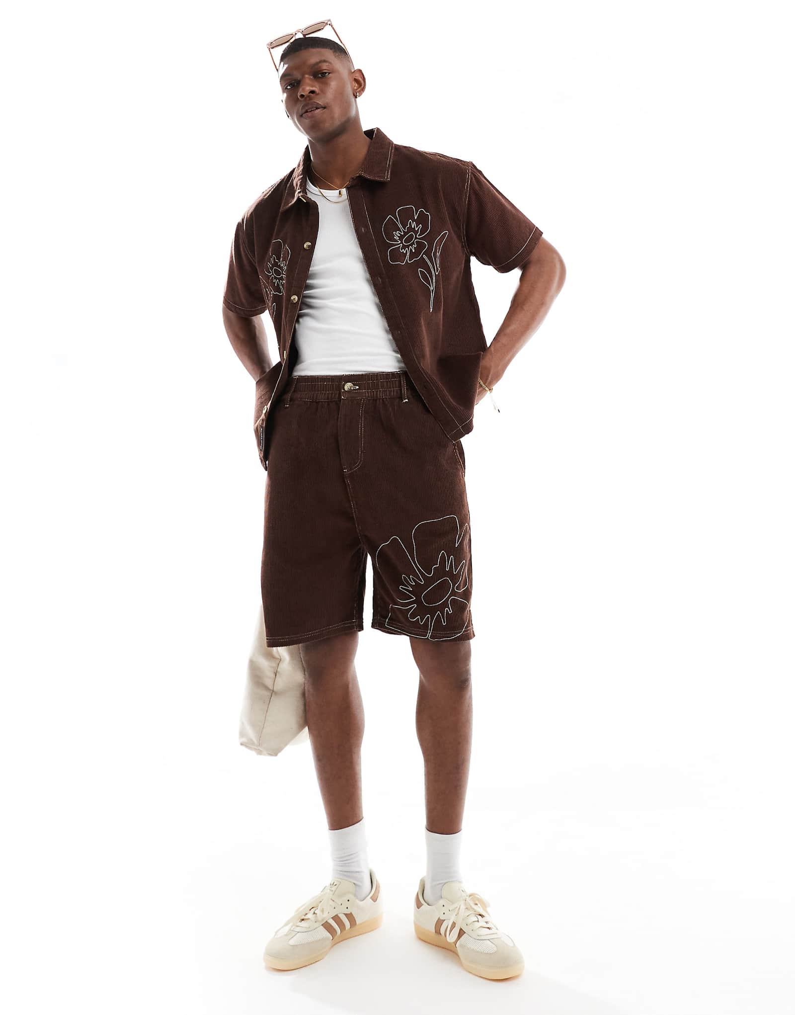 Native Youth corduroy shorts with contrast stitch in brown
