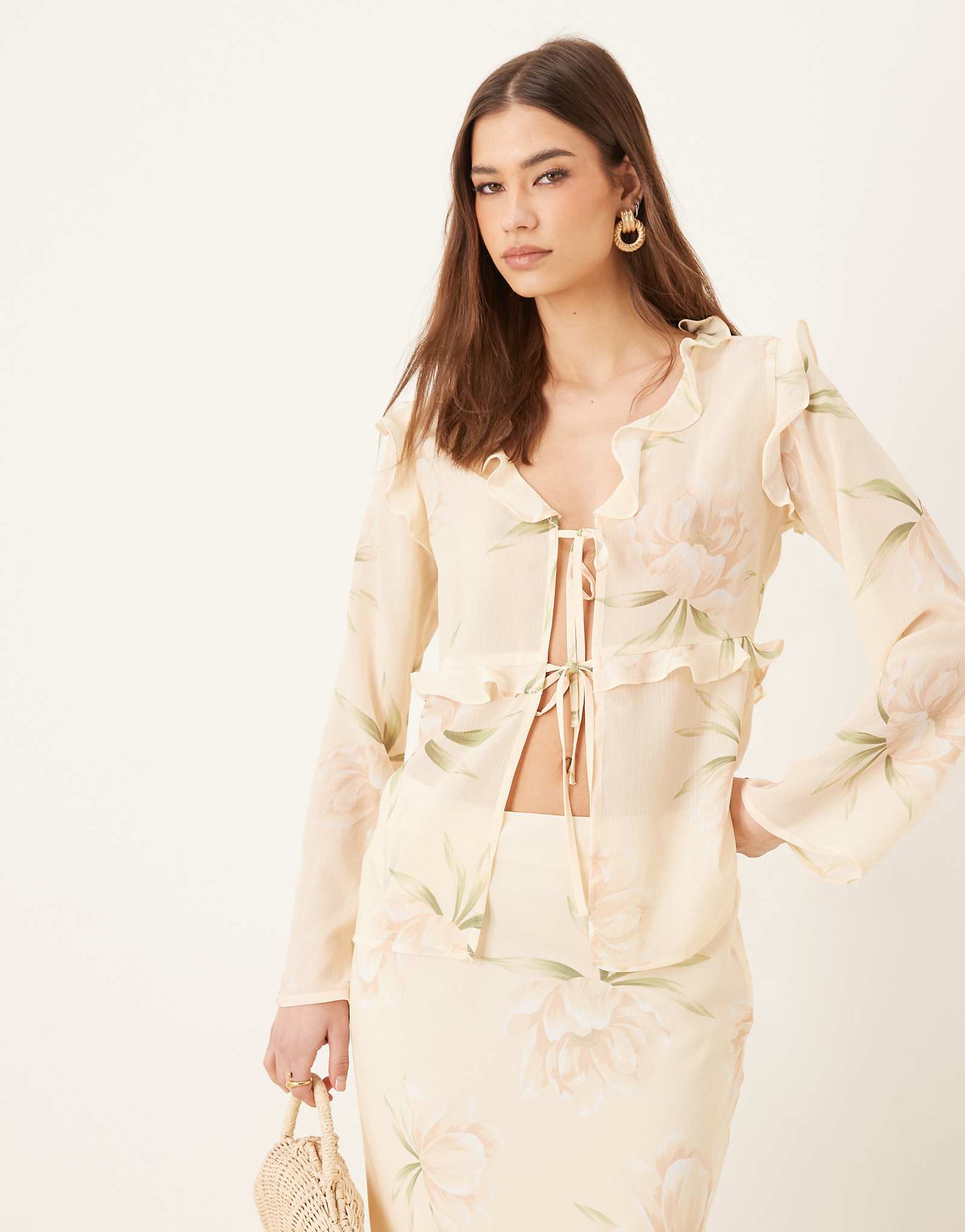 Pretty Lavish textured chiffon ruffle top in cream floral - part of a set