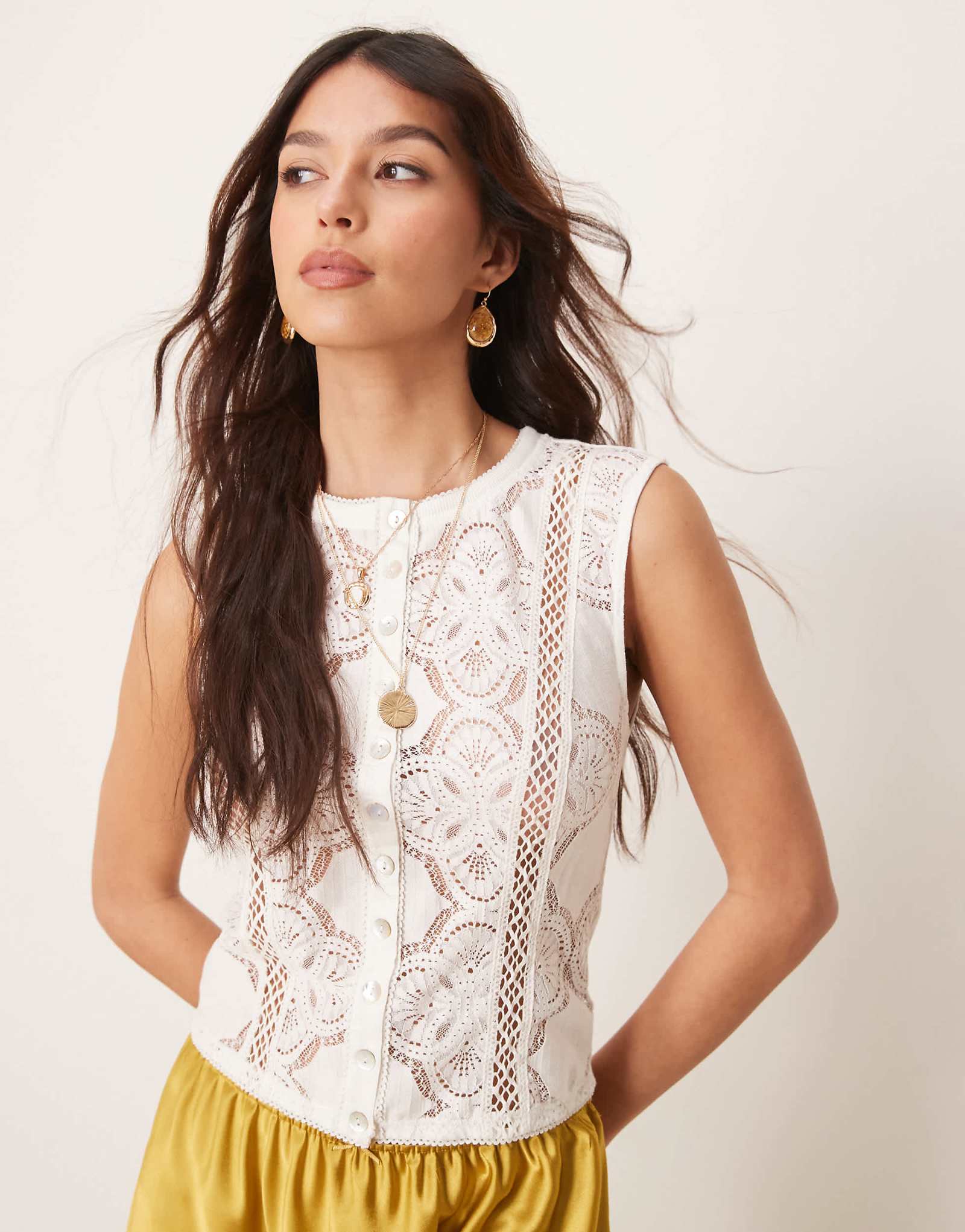 Free People jae button up lace top in ivory 9790₽