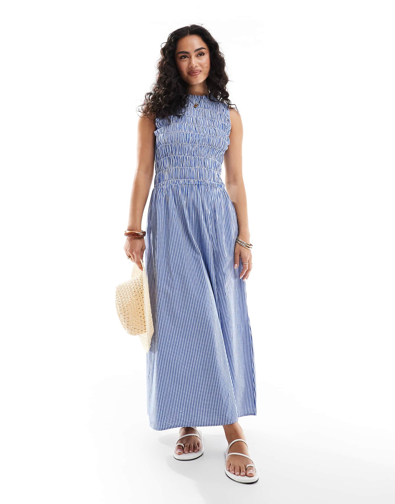 ONLY dropped waist shirred maxi dress in light blue gingham 10890₽