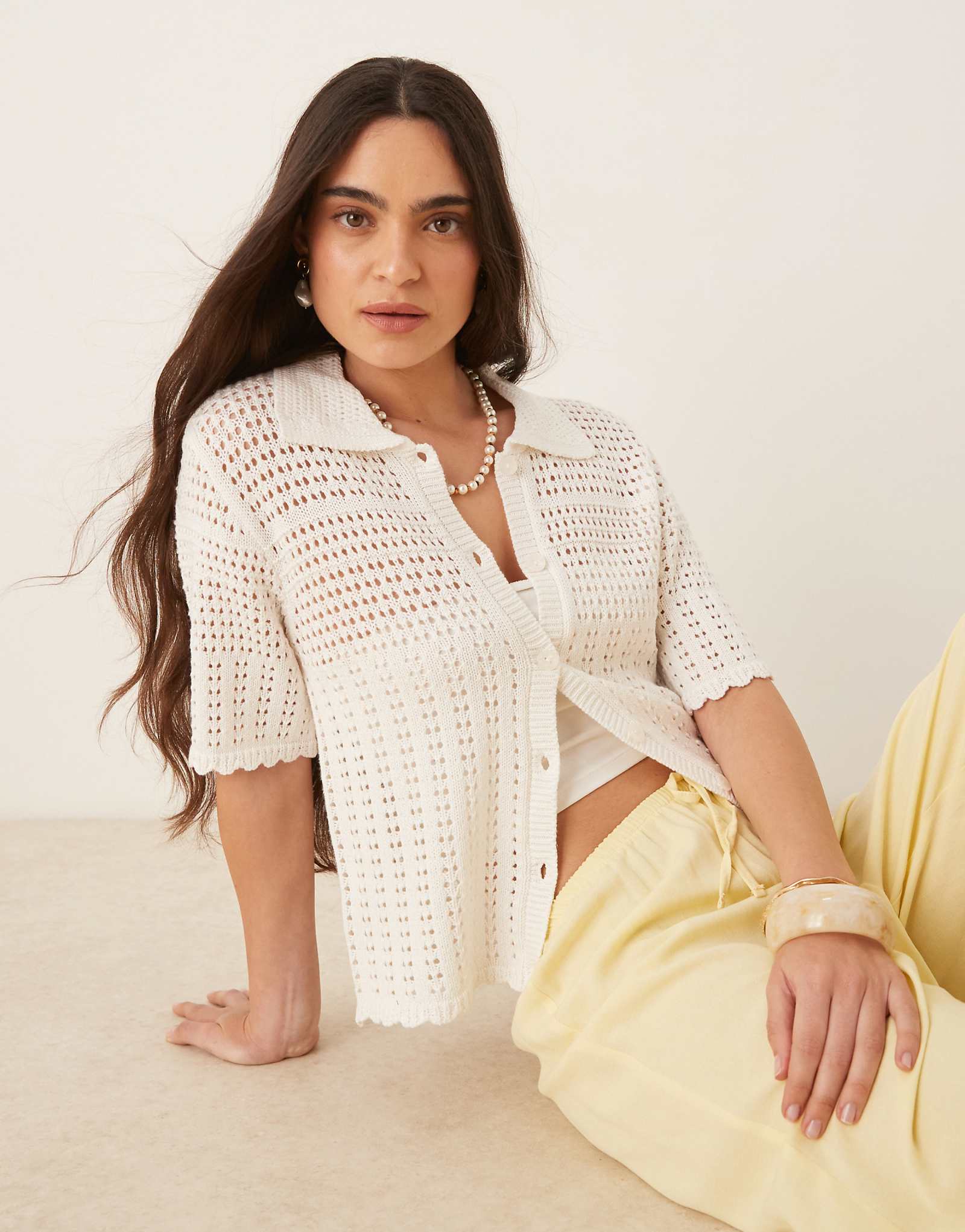 JDY open knit polo cardigan in white