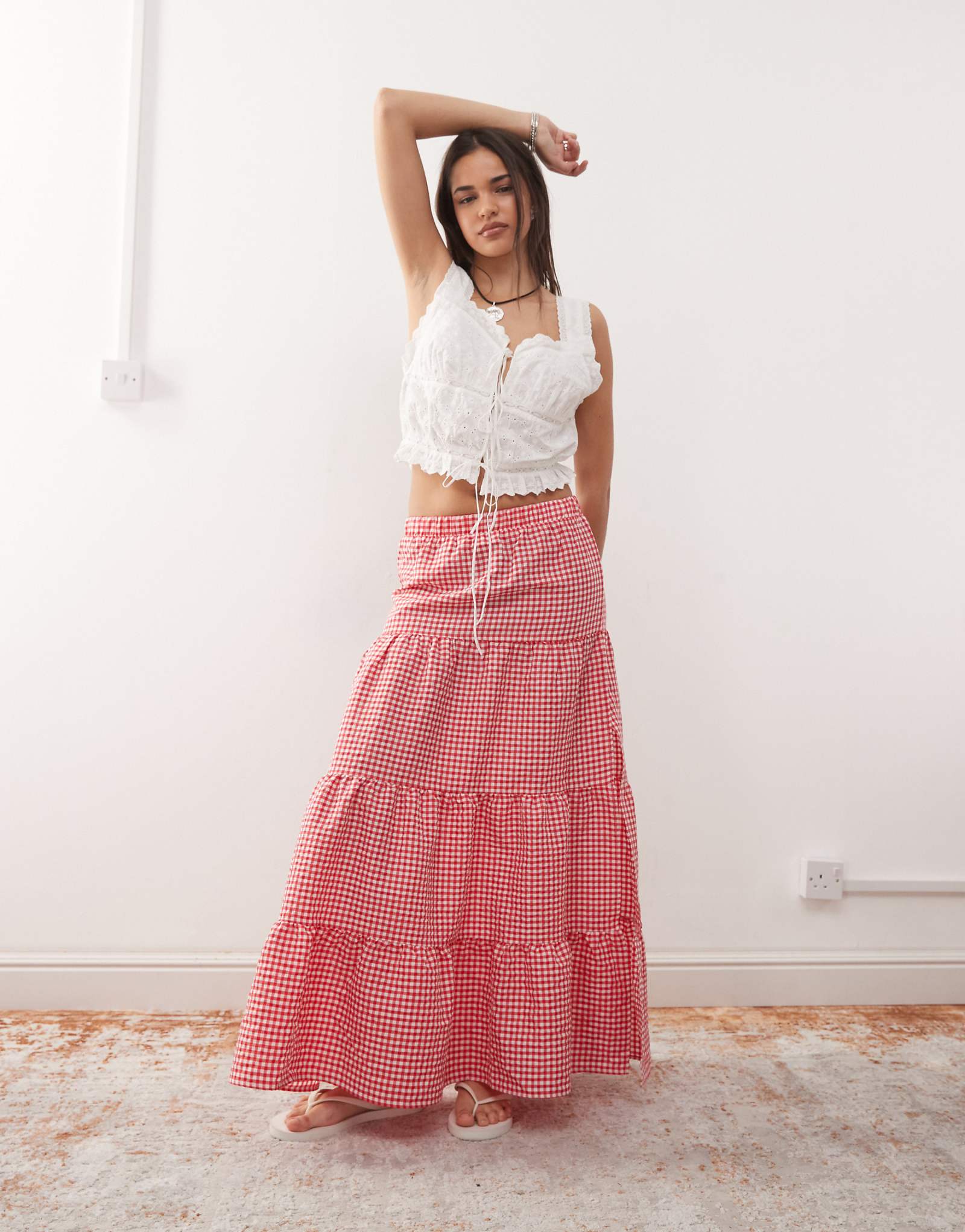 Noisy May tiered maxi skirt in red gingham 12690₽