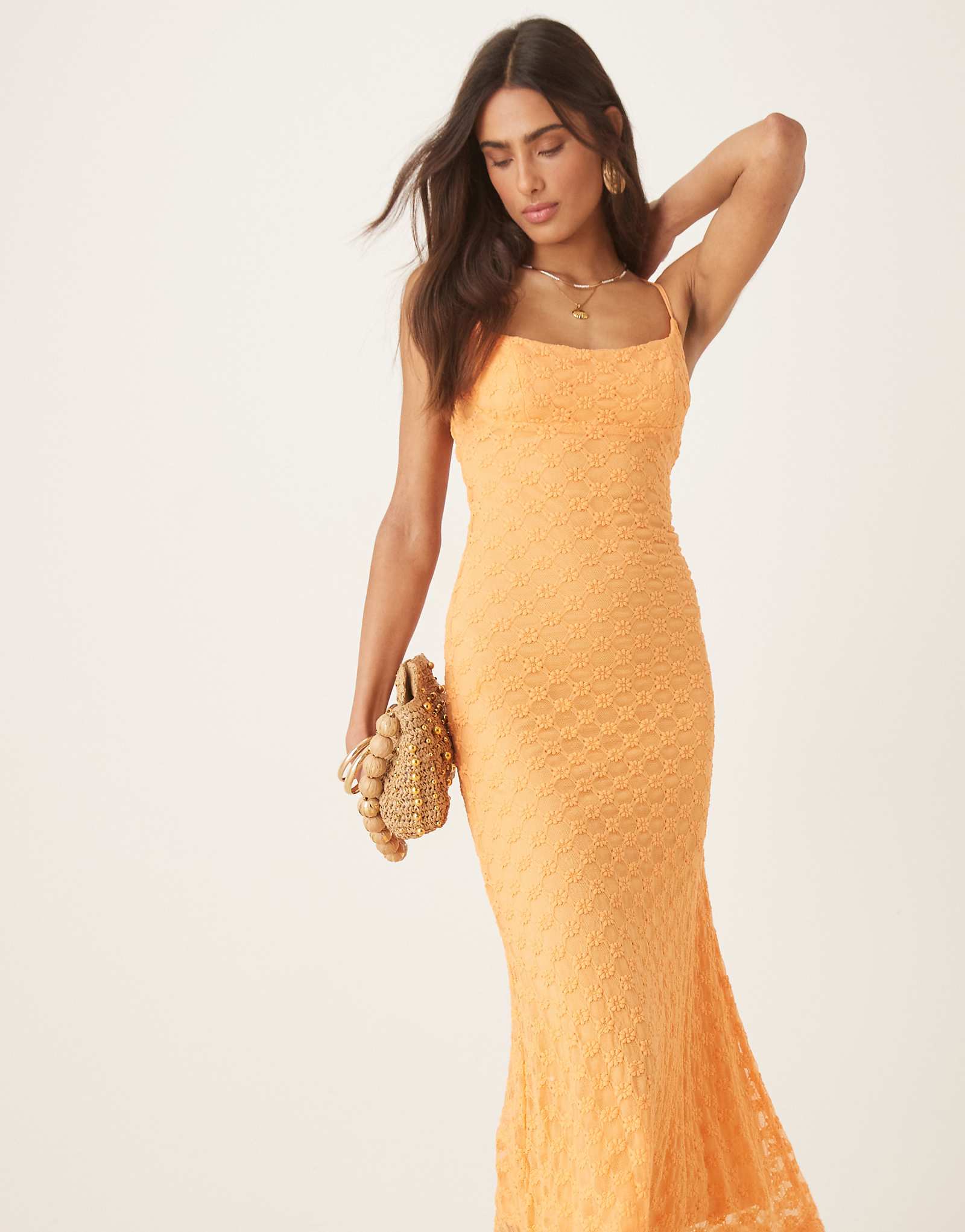 Bardot Adoni mesh midi dress in orange sorbet 35090₽