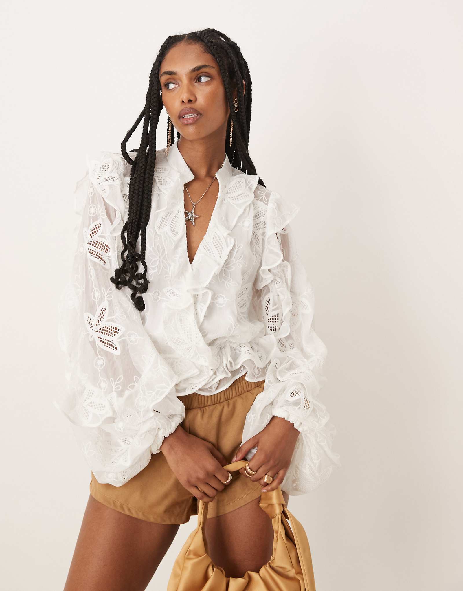 Bardot frill embroidered blouse in orchid white